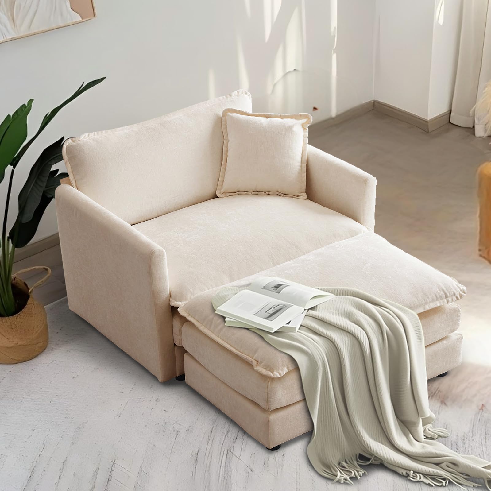 SoarFlash Chenille Sectional Sofa, Comfy Modular Single Sofa with Ottoman, Modern Recliner Deep Seat Sofa Set for Living Room,Light Coffee