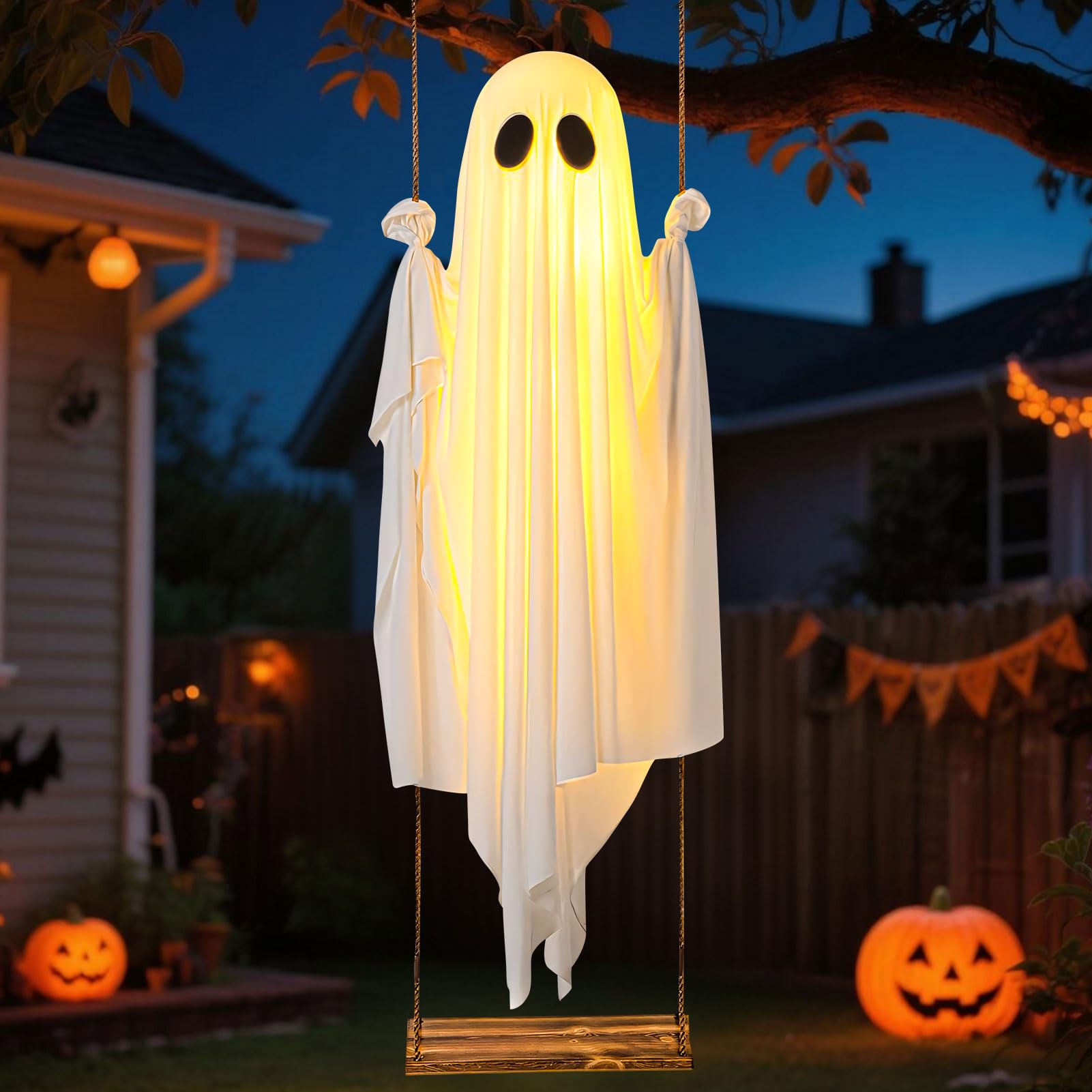 Halloween Deko Geister Hängend, 100CM Geist Deko mit Lichterkette Hängende Schaukel Geister mit Fernbedienung Halloween Deko Outdoor Gespenst mit Led Lichter Gruselige Ghost für Veranda Hof Baum (A)