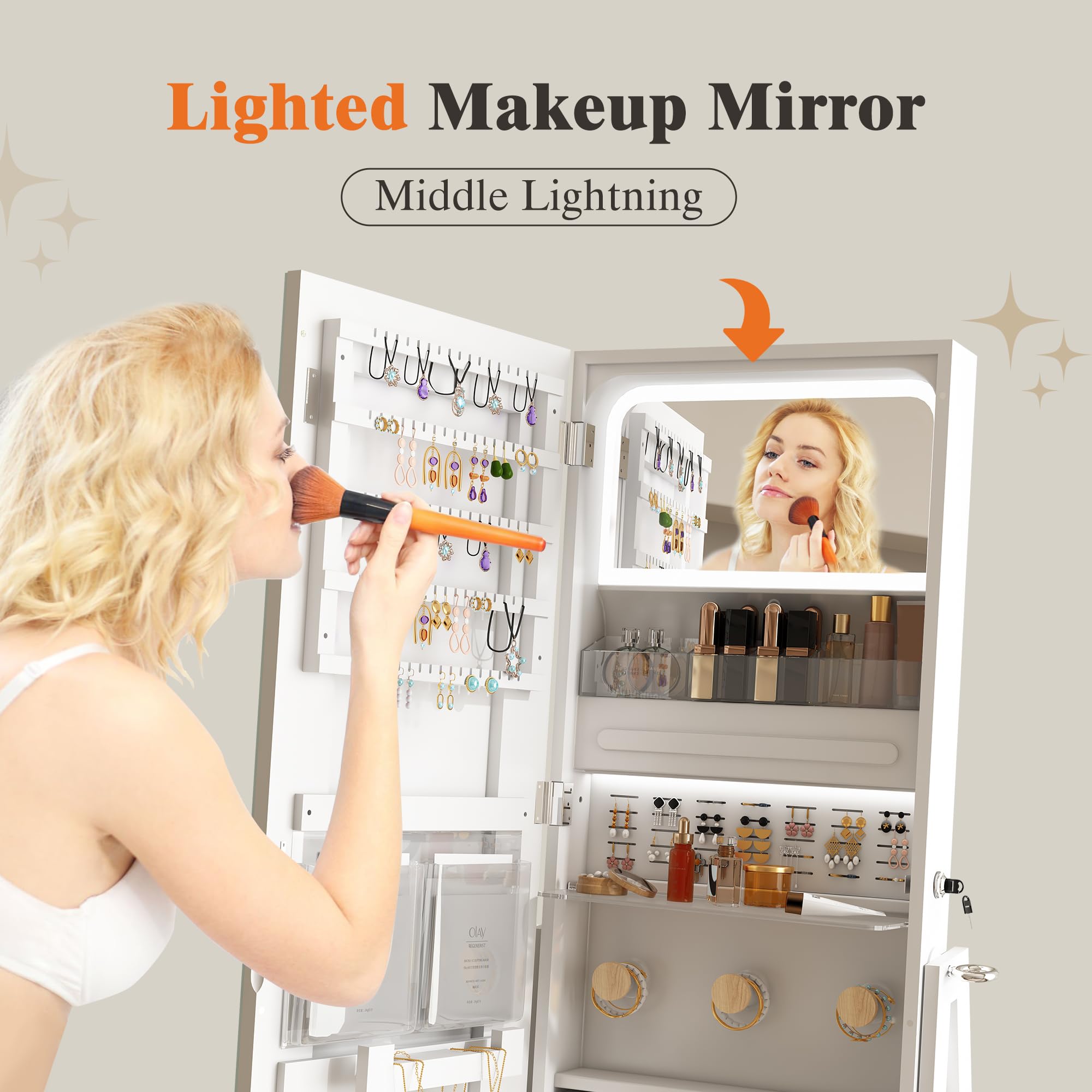STARLEAD LED Espejo Joyería de Pie, 3 Colores Luz Regulable, Joyero Cuerpo Entero con Bloqueo y Memoria