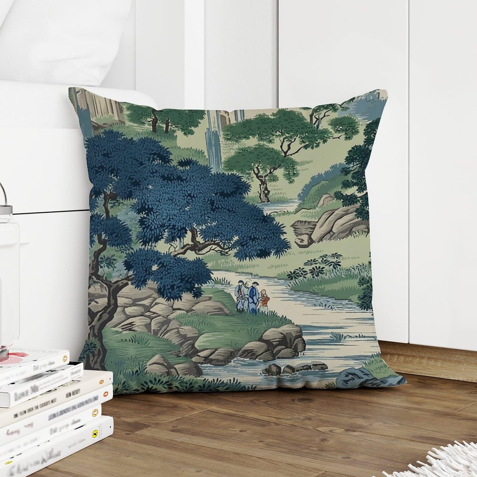 COVOME Scenic Dynasty Blue and Green Outdoor Pillow Cover Asian Chinoiserie Life Throw Pillow Cover Accent Waterproof Pillow Covers for Patio Couch Tent Sofa 16x16 in