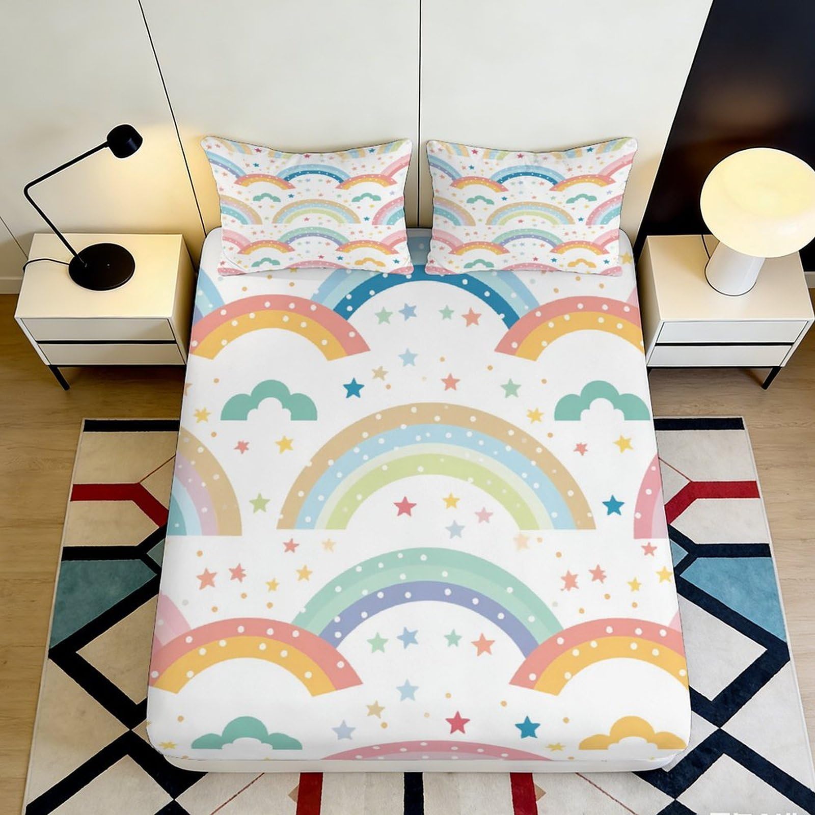 3D Printed Rainbow Star Fitted Sheet Microfiber Soft Breathable Pastel Cloud Bed Cover for Bedroom Dorm Protection Decor 120x200x25cm