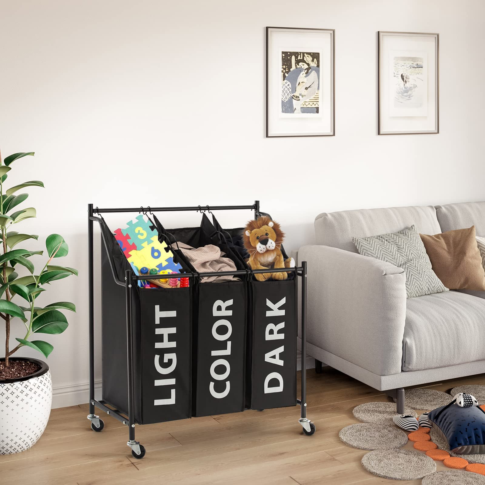Mondeer Carrello Porta Biancheria con 3 Sacchi Rimovibili, Ceste per Bucato con Rotelle Universali, capacità Totale di 135 Litri,3x45L & 4x45L (Nero 01)