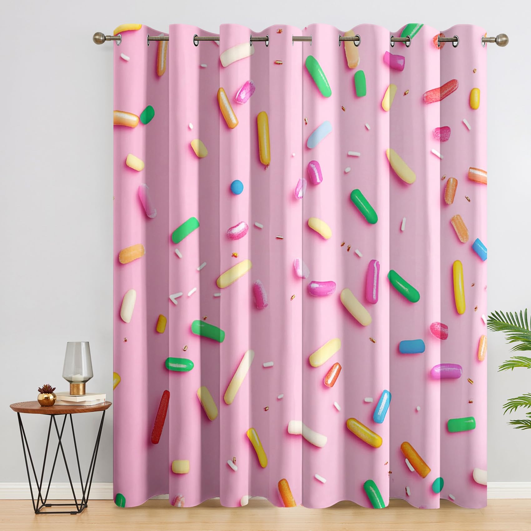 Zuckerstreusel Vorhänge, Kinder Rosa Dessert Verdunklungsvorhänge mit Ösen, Vorhang Blickdicht für Wohnzimmer Schlafzimmer Dekoration, Gardinen mit Muster, 2er Set, H 260 x B 140 cm #S492