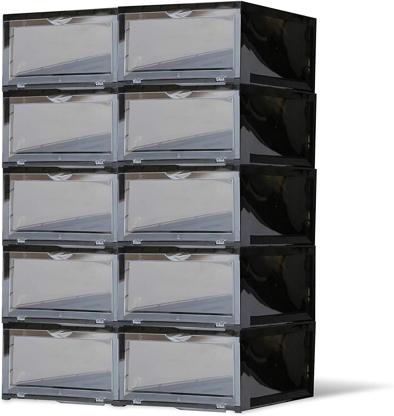 SneakNeat Sneaker Storage Container - 10-Piece Black Shoe Box Set with Drop Front - Store Up to Mens USA Size 13 Size - Stackable Organizer Stores, Protects, Displays Sneakers Collection