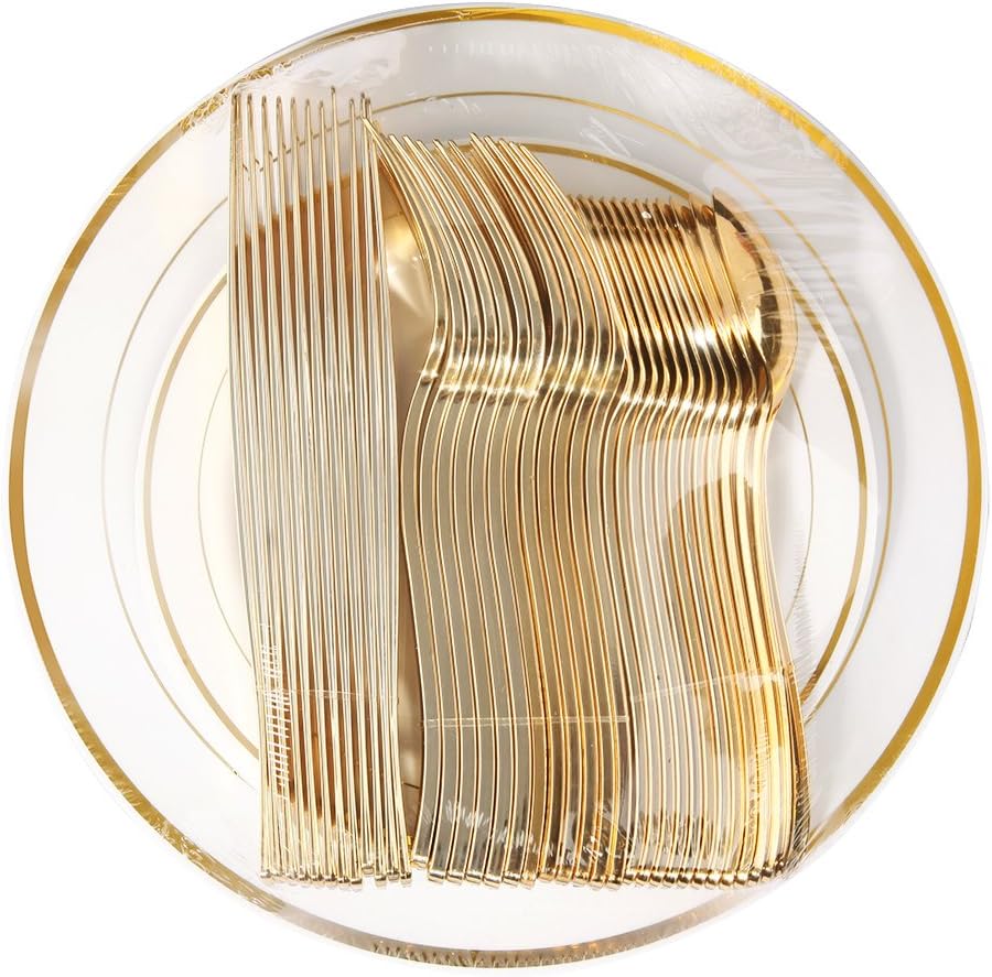 supernal 60pcs Gold Plastic Dinnerware,Gold Plastic Plates with Gold Plastic Silverware,Gold Plastic Party Plates Service for 12 Guests,Perfect for Birthday,Party,Wedding