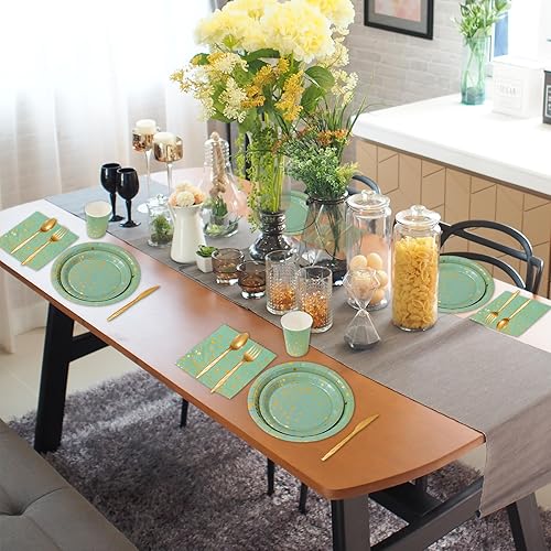 Miniatura 5 de Whaline Juego de 175 platos de color verde salvia, tazas y servilletas, suministros para fiesta, color verde salvia y puntos dorados, juegos de