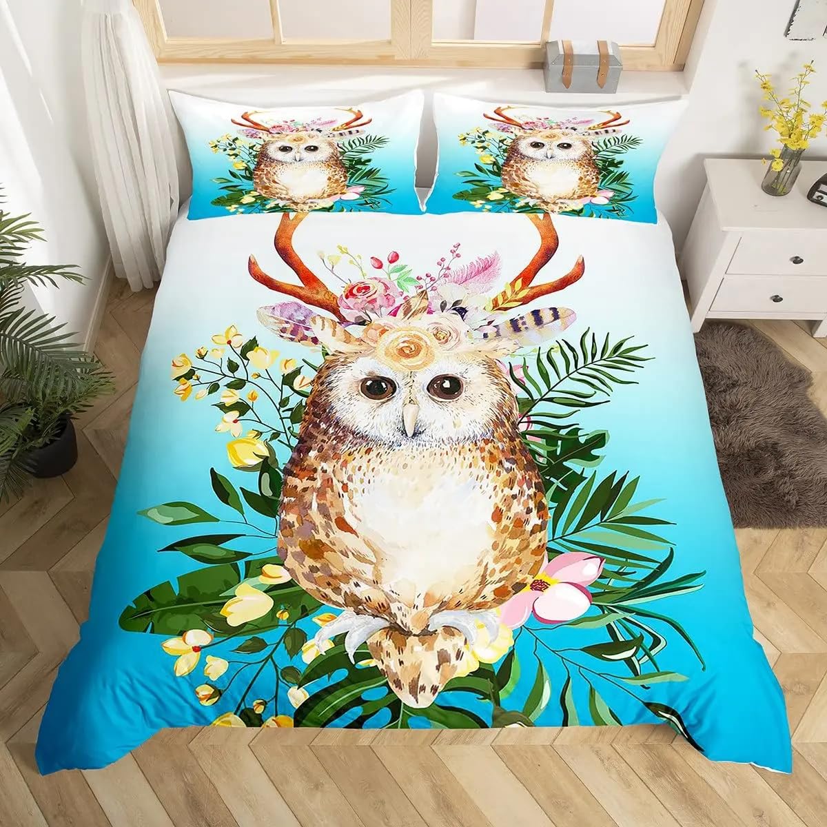 Qbidcsx Multicolor Bedding Double Duvet Set Owl Bedding Double Bed Set - Microfibre Quilt Cover 230X220 Cm - Comforter Cover With 2 Pillowcases(Double)