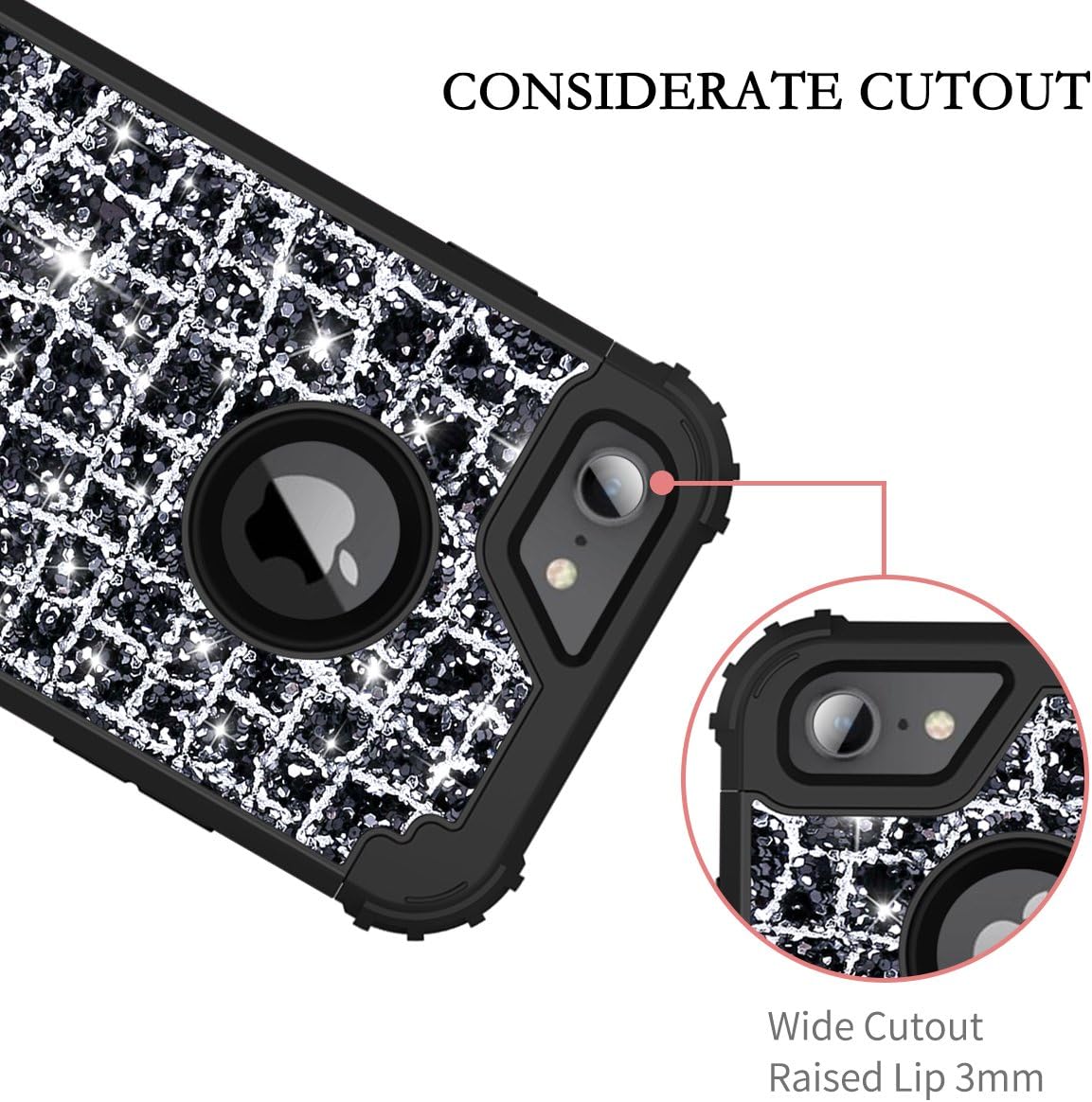 Hekodonk for iPhone 8/7 Case,3 Layer Luxury Bling Sparkle Shiny Heavy Duty Shockproof Fullbody Protective Impact Hybrid Cover for Apple iPhone 8/ iPhone 7 Bling Black