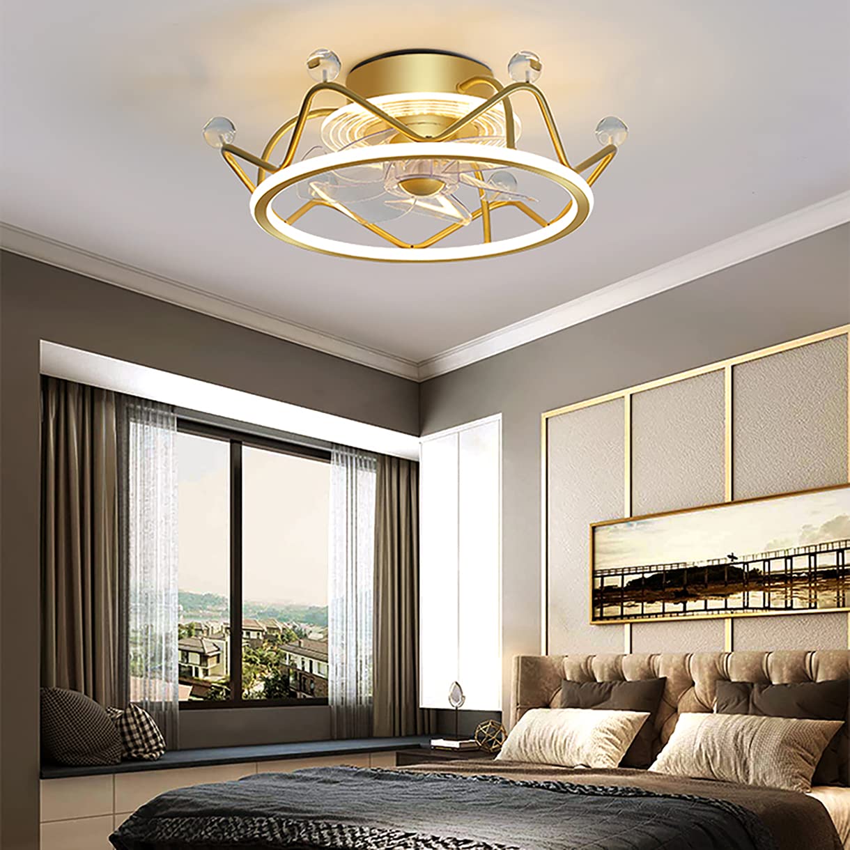 Ventilateur de plafond pour chambre avec plafonnier lumineux télécommandé