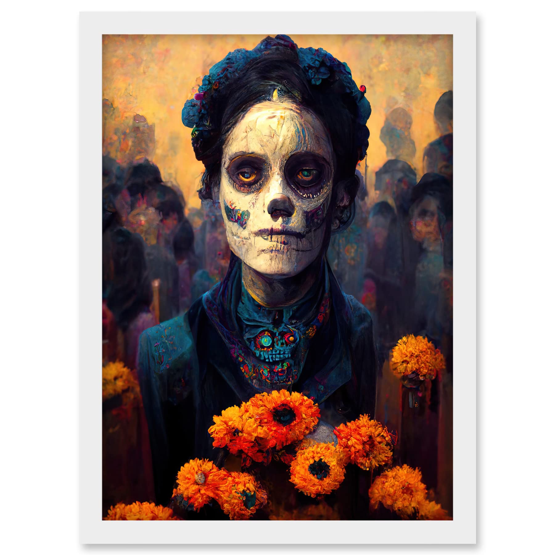 Day Of Dead Skull Marigold Flowers Artwork Framed A3 Wall Art Print