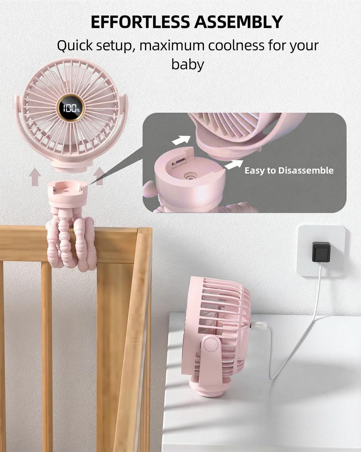 Tragbarer Mini-Ventilator für Kinderwagen, klein, wiederaufladbar, persönlicher Kühler mit 360° Drehung, 3 Geschwindigkeiten, Display, batteriebetriebenes Kinderwagen-Zubehör, Baby-Essentials für