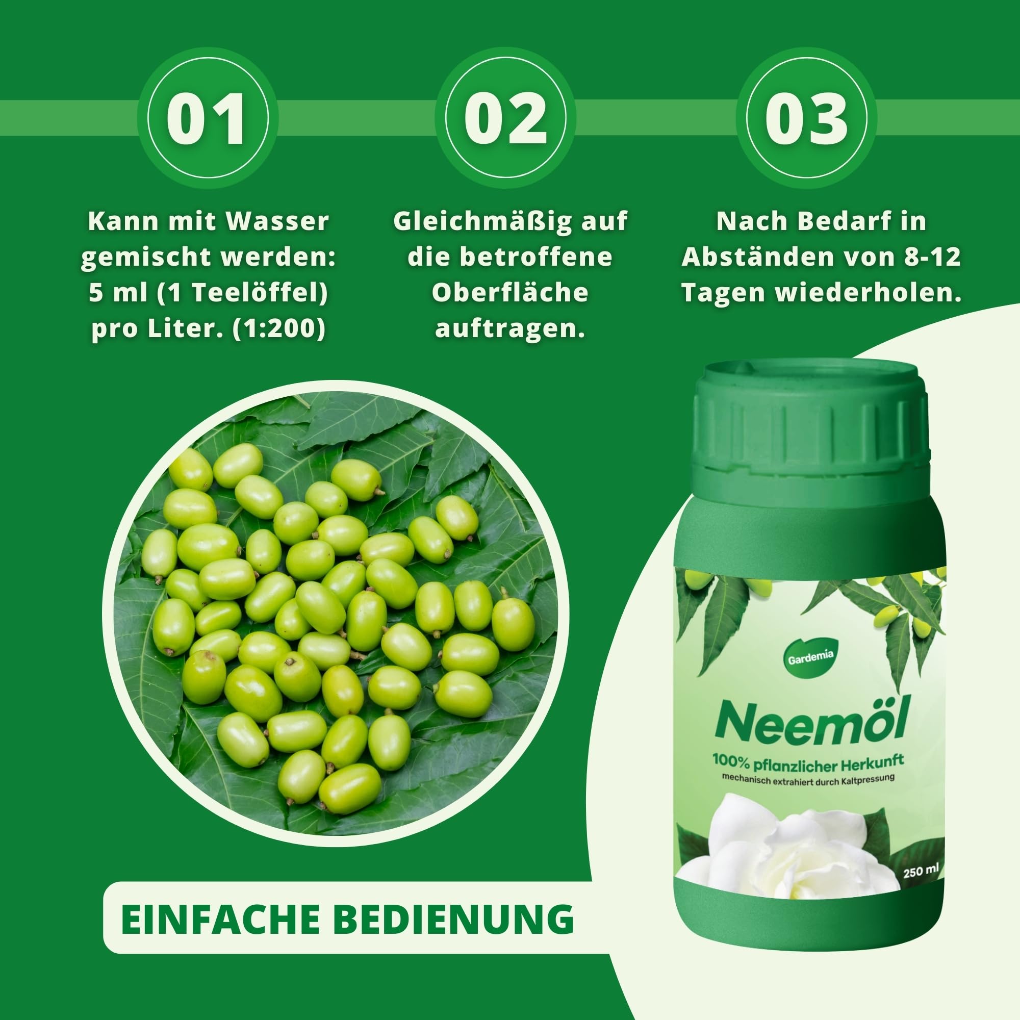 Gardemia Neemöl mit Emulgator 250ml mit Wasser mischbar 100% pflanzlichen Ursprungs mechanisch durch Kaltpressung der Früchte des Neembaums extrahiert