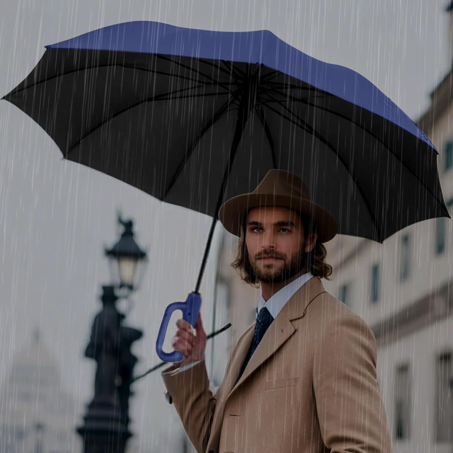 Guarda-chuva de viagem automático à prova de vento com alça de gancho, guarda-chuva dobrável compacto e portátil para uso ao ar livre