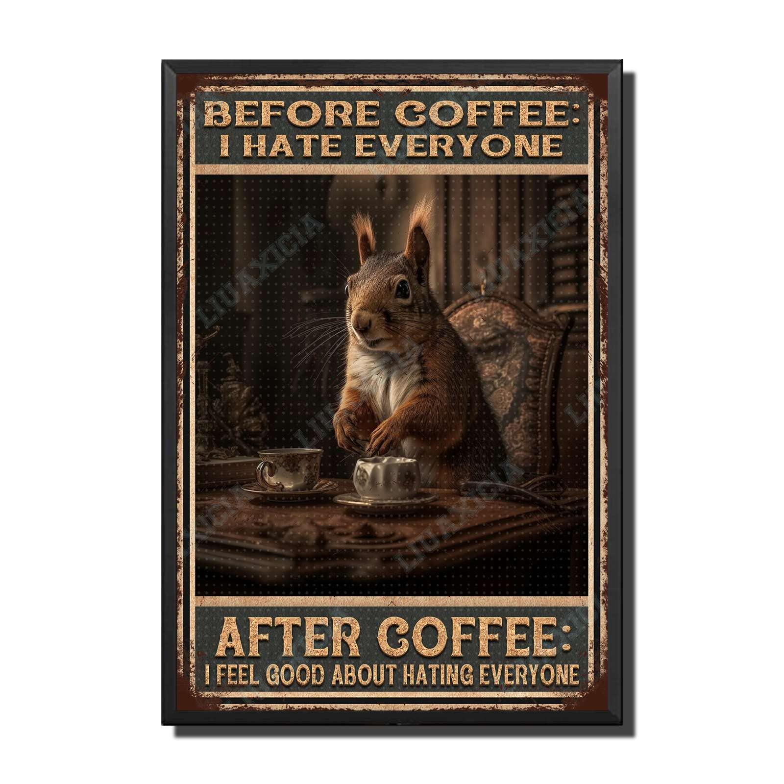 peiyeety Metal Tin Sign Before And After Coffee Squirrel Vintage Decorative Wall Art,Retro Funny Coffee Lover Rustic Plaque for Home Kitchen Living Room Office,12x16 Inch