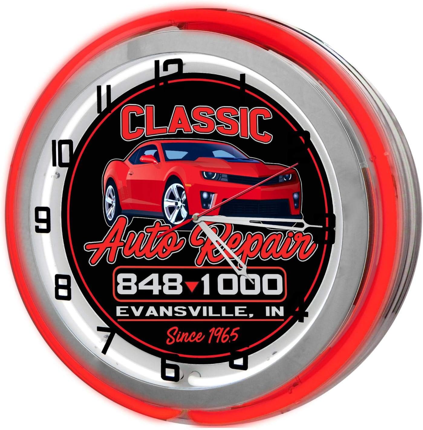 Customized Auto Repair Shop Red Double Neon Clock from Redeye Laserworks