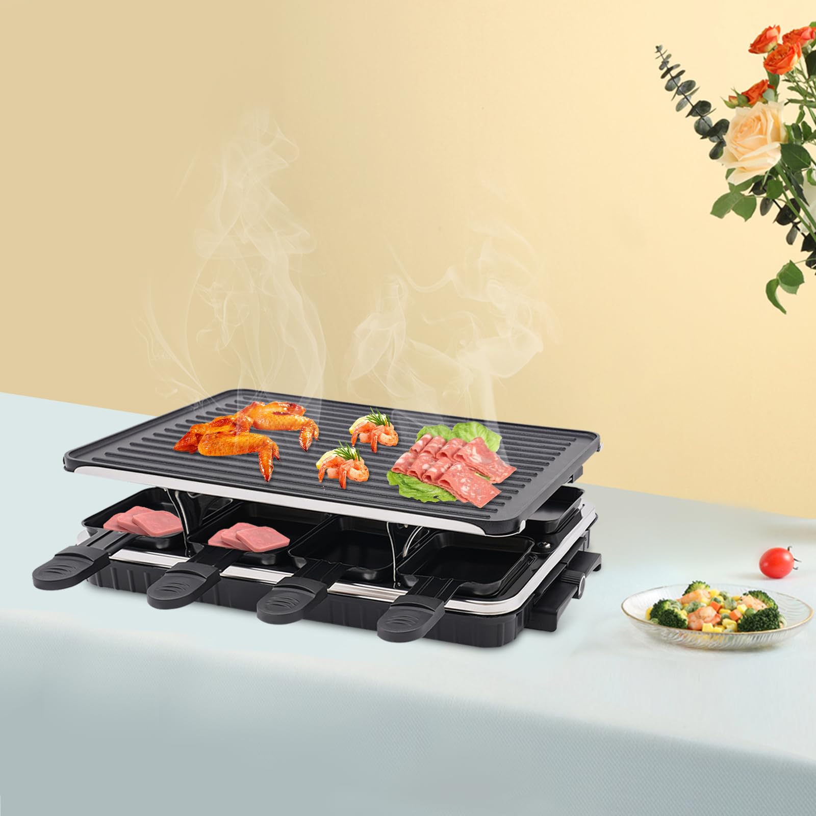 Elektryczny grill stołowy z łopatką i 9 płytami do pieczenia, idealny na imprezę dla rodziny i przyjaciół