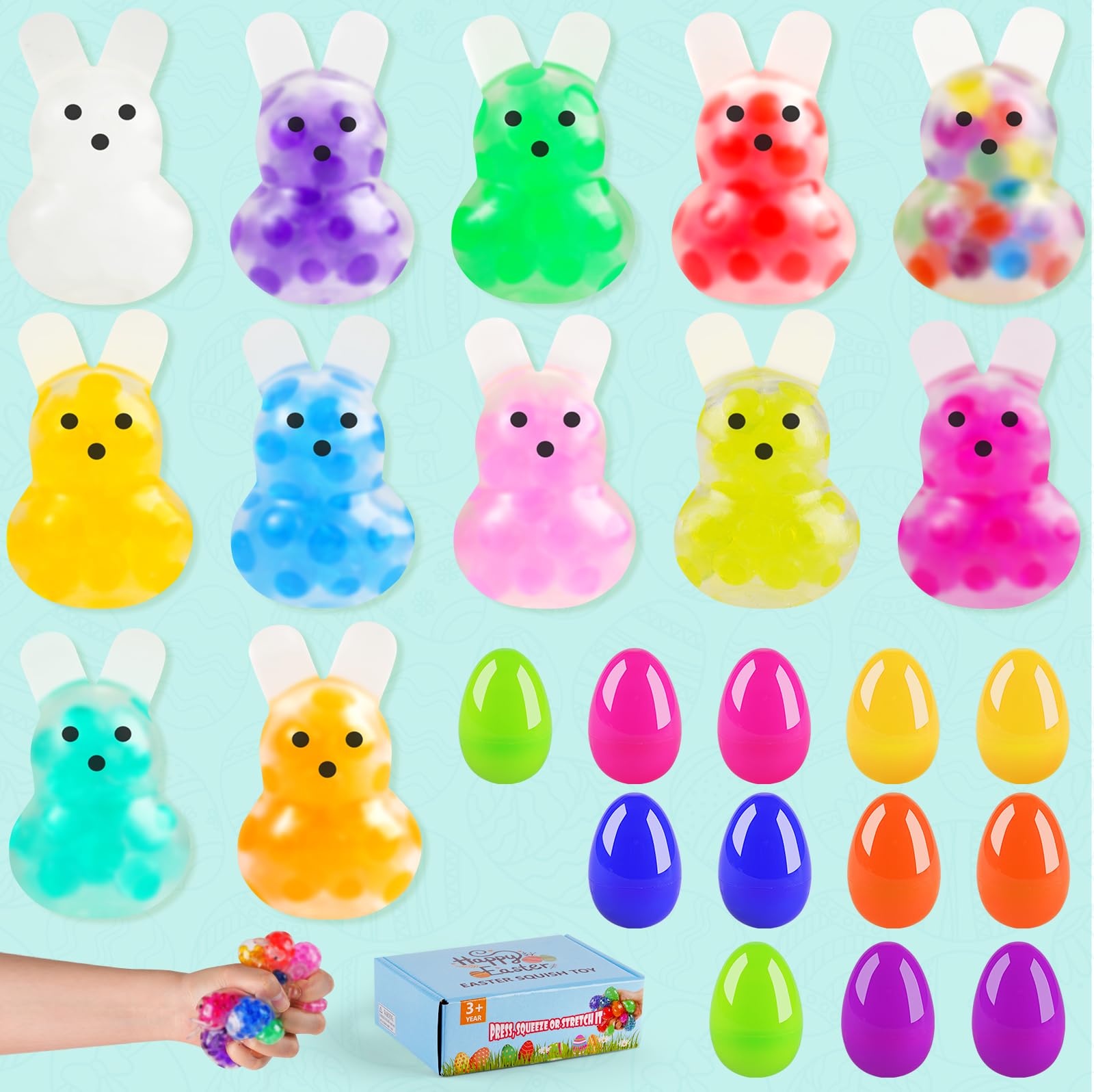 12Packs Easter Bunny Stress Balls with Eggs,Easter Basket Stuffers,Easter Squishy Squeeze Balls Bulk Fidget Toys for Adults,Stress Relief Balls,Easter Gifts Party Favors