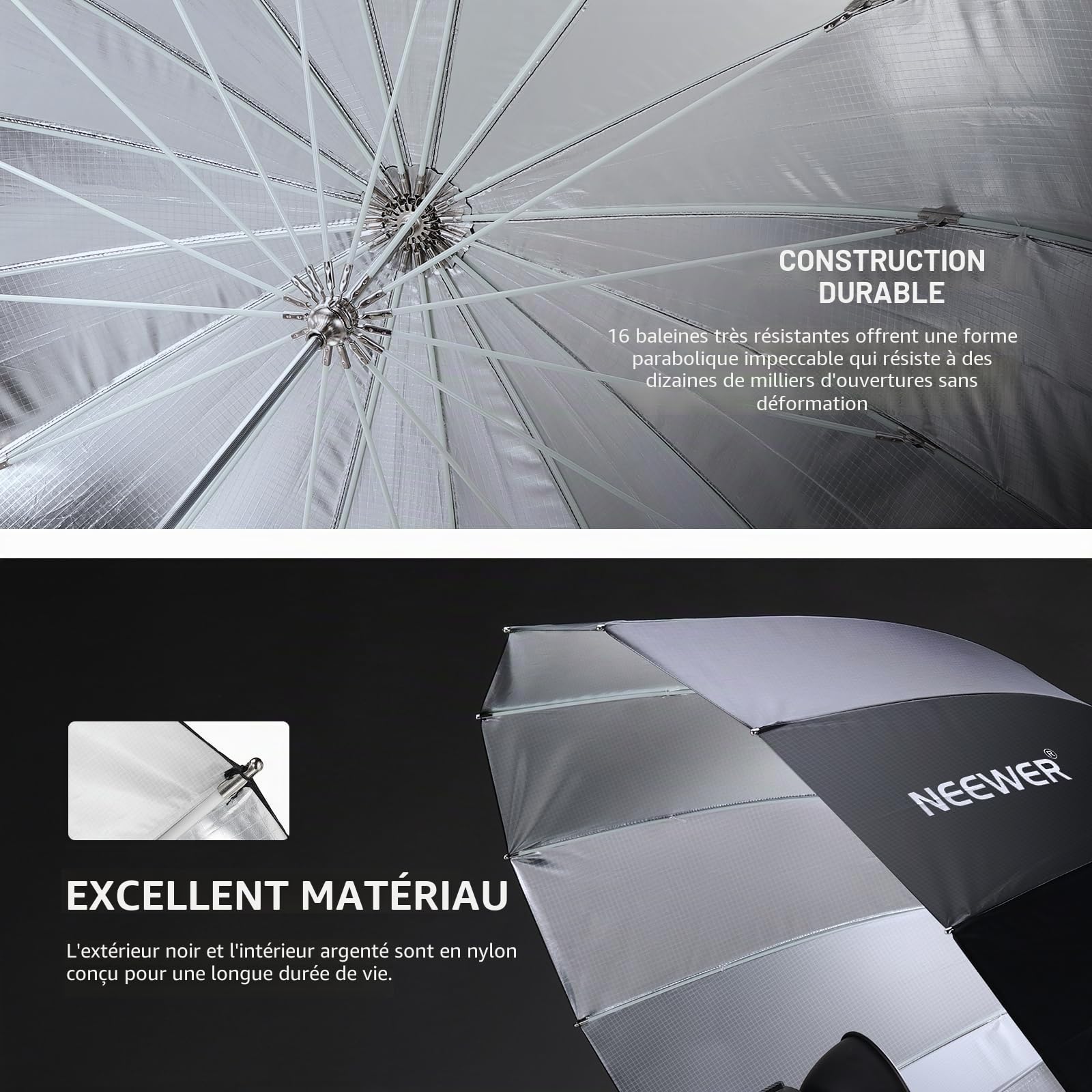 NEEWER 180cm Parabolique Réfléchissant Parapluie Photographie avec Intérieur Argenté,Éclairage Doux avec Couvercle Diffuseur,Sac,Pliage Rapide pour Caméra Studio Prise de Vue Monolight Flash,NS4U