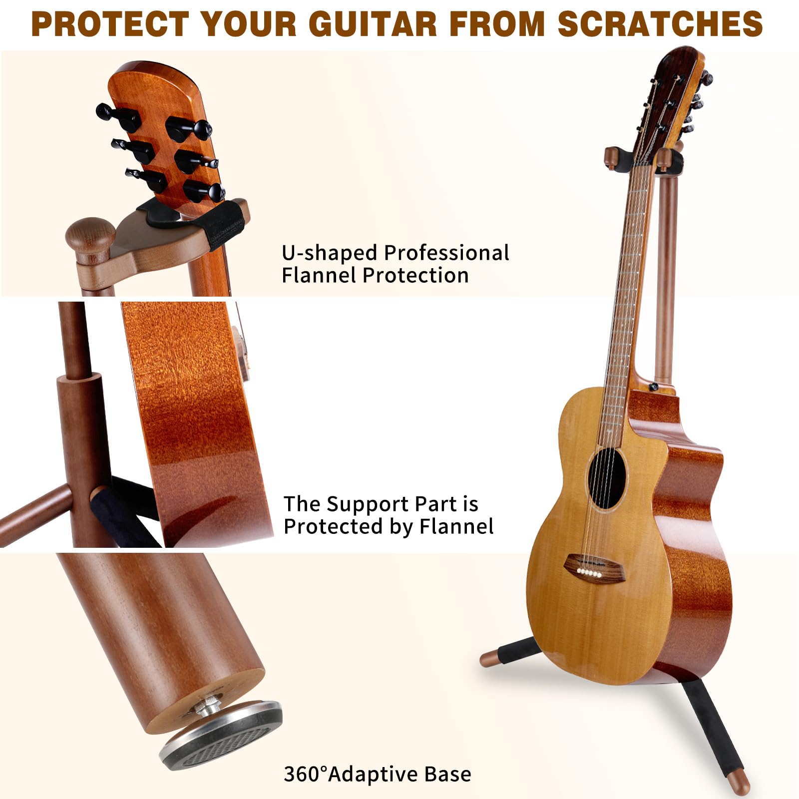 EASTROCK Supporto per Chitarra, piano per chitarra elettrica, chitarra acustica e basso, tripode in legno massiccio con supporto a collo singolo, design stabile per Home Studio (Noce Color)