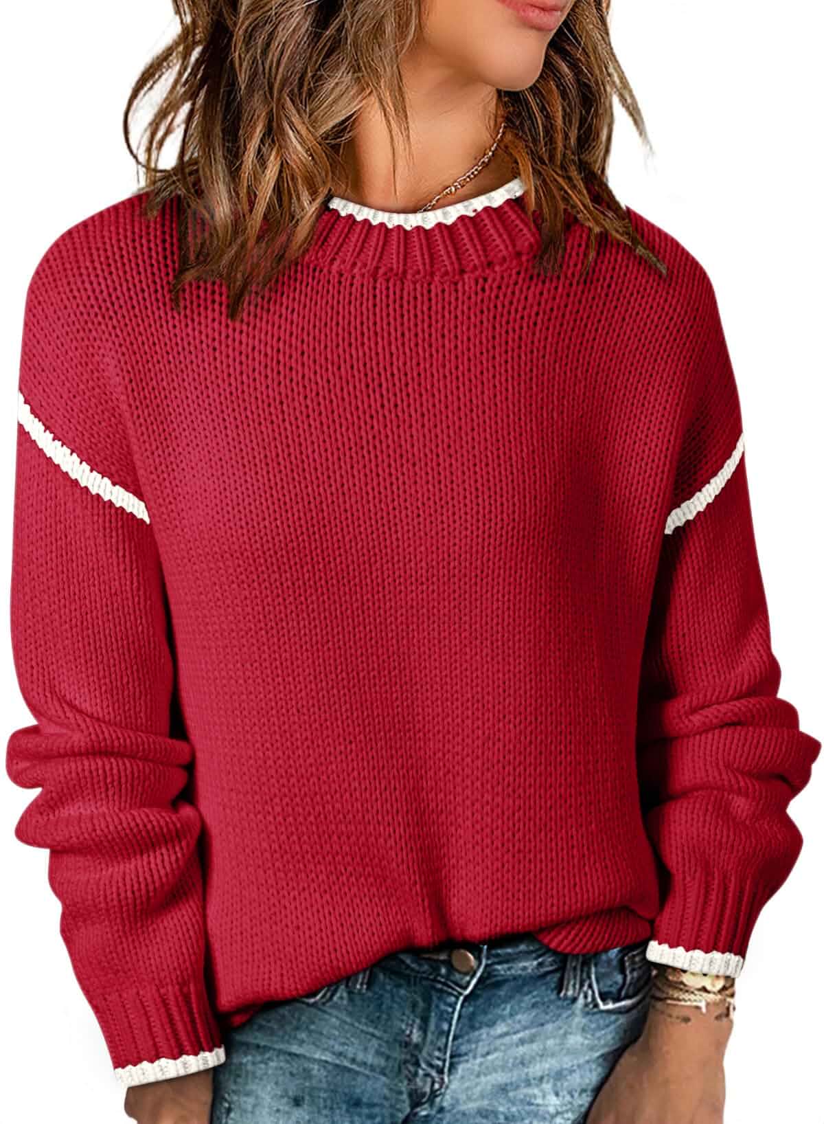 SHEWIN Womens Sweaters Crewneck Long Sleeve Knit Pullover Sweater Cotton, Long Sleeve, Crew Neck, Colorblock, Drop Shoulder, Warm, Casual, Fall Outfits for Women