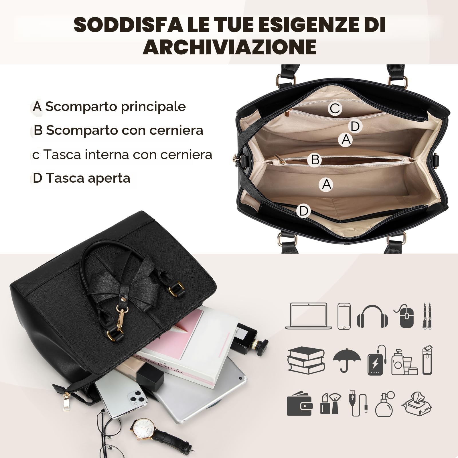 RAINSMORE Borsa a Mano Donna Media Pelle PU Borsa Lavoro Donna Borsetta a Spalla Borse Tracolla Ufficio Shopping Bag Tote Firmata 13 Pollici Nero