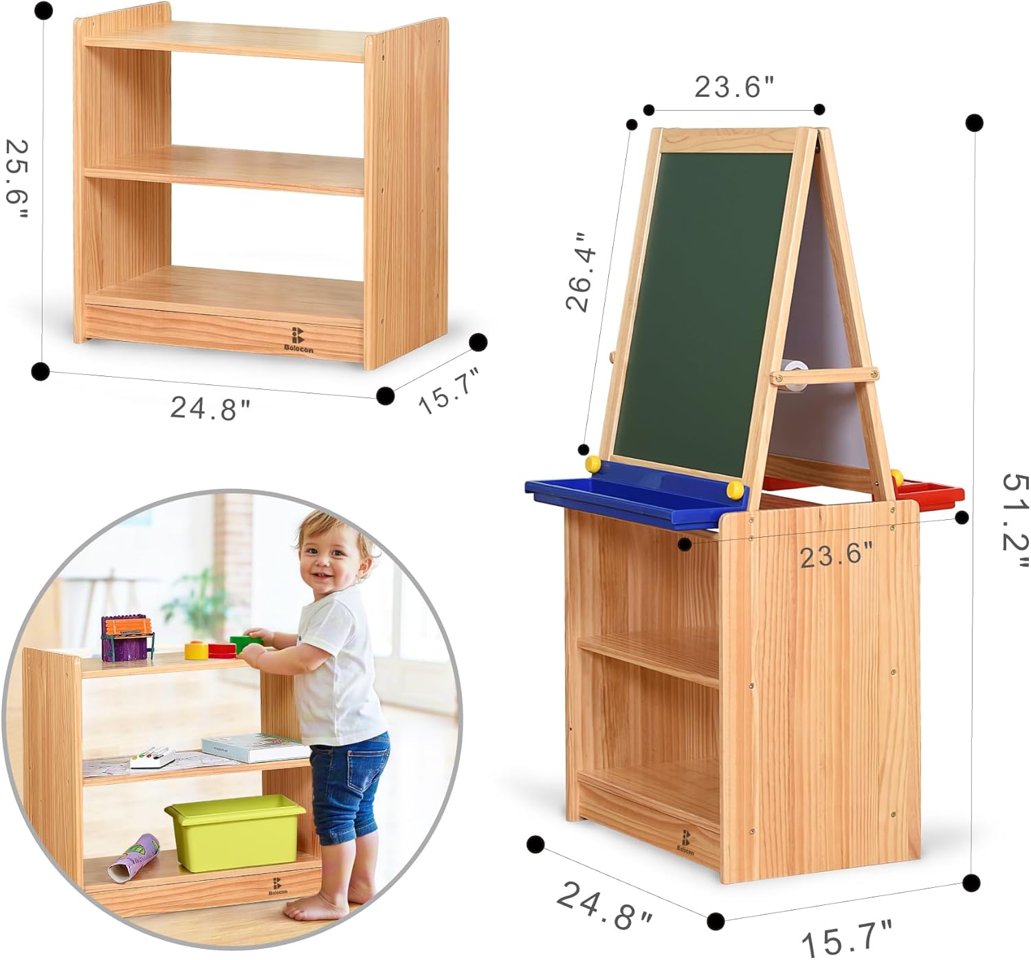 Dual-Sided Magnetic Art Easel, Wooden Activity Station w/ 2-Tier Storage Cabinet, Art Center for Toddlers, Classroom Whiteboard & Chalkboard