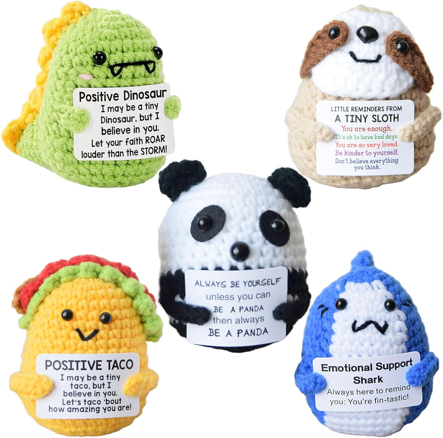 Emotional Support Crochet Animals – 5-Pack Handmade Mini Stuffed Animals: Shark, Sloth, Dino, Panda & Taco – Cute Room & Desk Decor – Birthday, Christmas & White Elephant Gifts for Women & Men