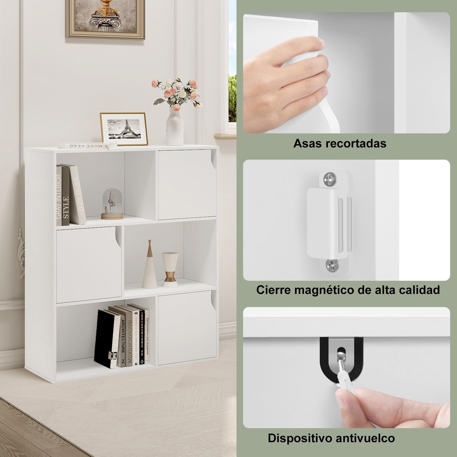 eSituro Libreria de 3 Niveles, Estanteria Almacenaje con 6 Compartimentos | Con Puertas, Organizador de Libros y Juguetes para Dormitorio, Oficina o Estudio, 80x30x96 cm, Blanco, SBKC0050
