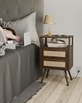 JOONEE Rattan Nightstand with Charging Station,Modern Bedside Table with 2 Storage Drawer and Open Wood Shelf, for Bedroom and Small Spaces,Night Stand with Solid Wood Legs (Walnut Brown)
