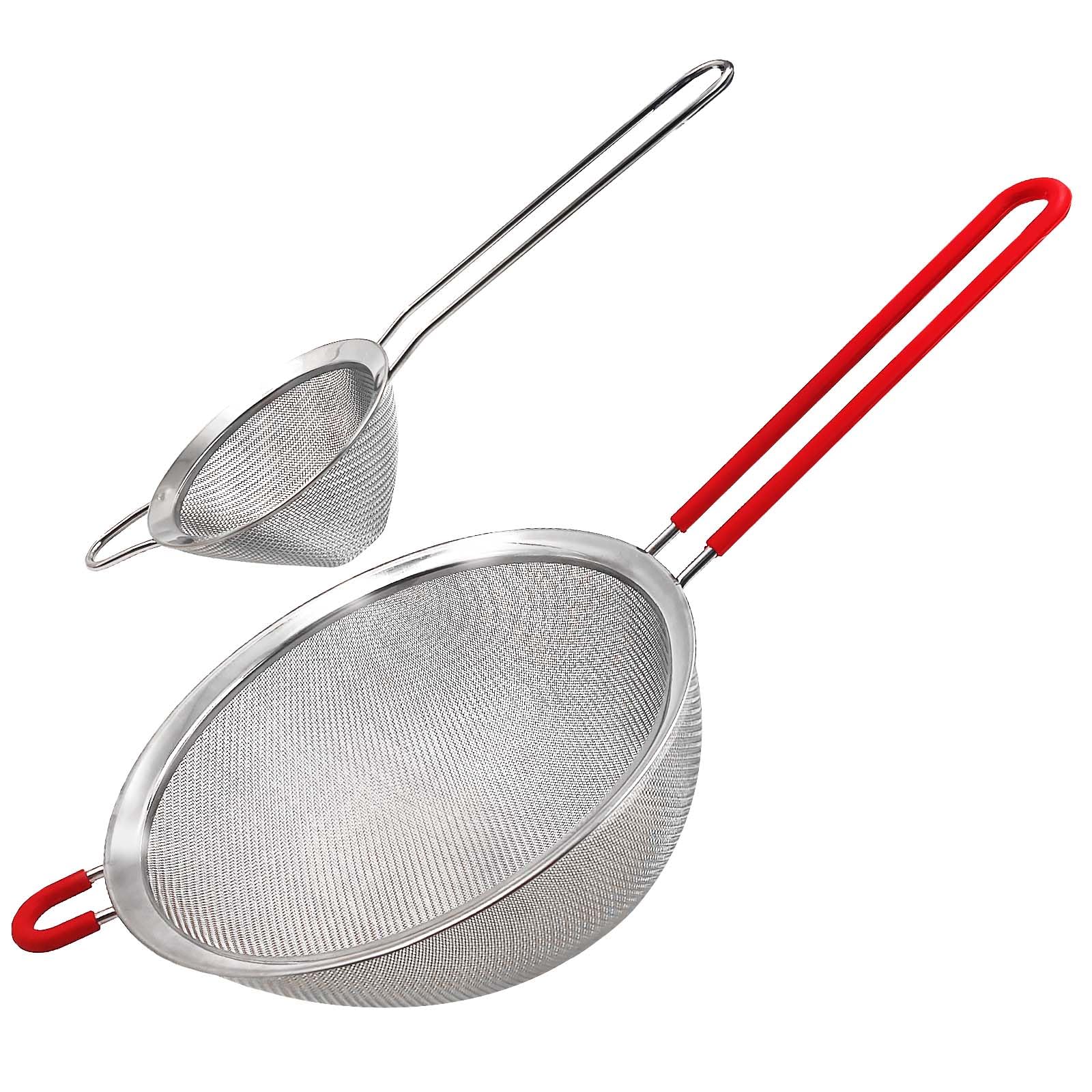Daily Treasures 20CM Large Food Strainer with Red Insulated Handle & 8.4CM Cocktail Sieve,Stainless Steel Fine Mesh Strainers Set of 2, 30Mesh kitchen Strainer,Conical Sieve for Flour,Tea,Juice,Coffee