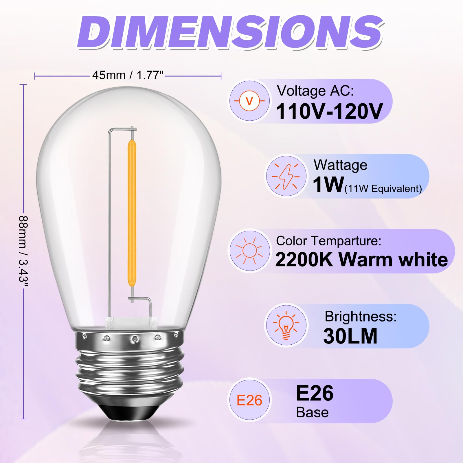 GvvooHome Paquete de 24 bombillas LED irrompibles S14 de repuesto, para cadena de luces al aire libre, 1 W equivalente a bombilla incandescente de 11 W, blanco suave 2200 K, regulable, base de rosca