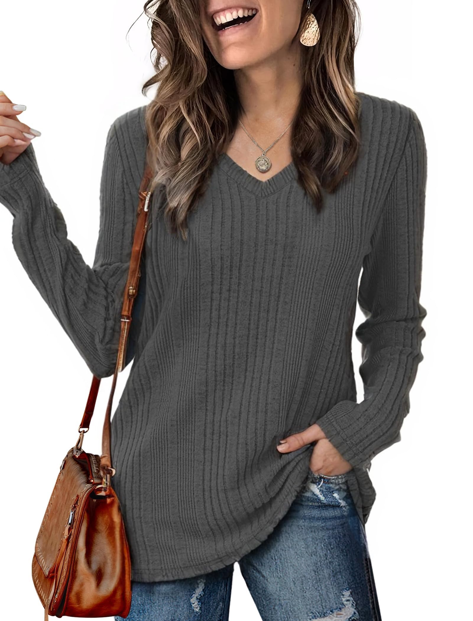 GLEENOD Pullover Damen V-Ausschnitt Sweatshirt Langarm Leichtes Einfarbiges Oberteil Winter Frühling