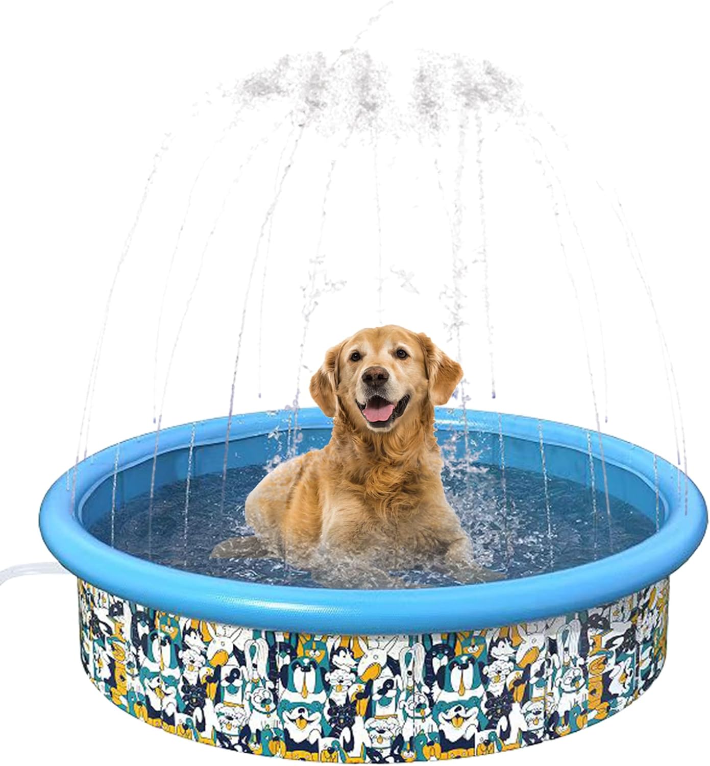 Foldable Pool with Sprinkler Dog Splash Pet Bath Pool Collapsible Portable Hard Plastic PVC Pool Sprinkler Toy Bathing Tub Durable Indoor & Outdoor Swimming Kiddie Pool for Dogs Cats 47.2"