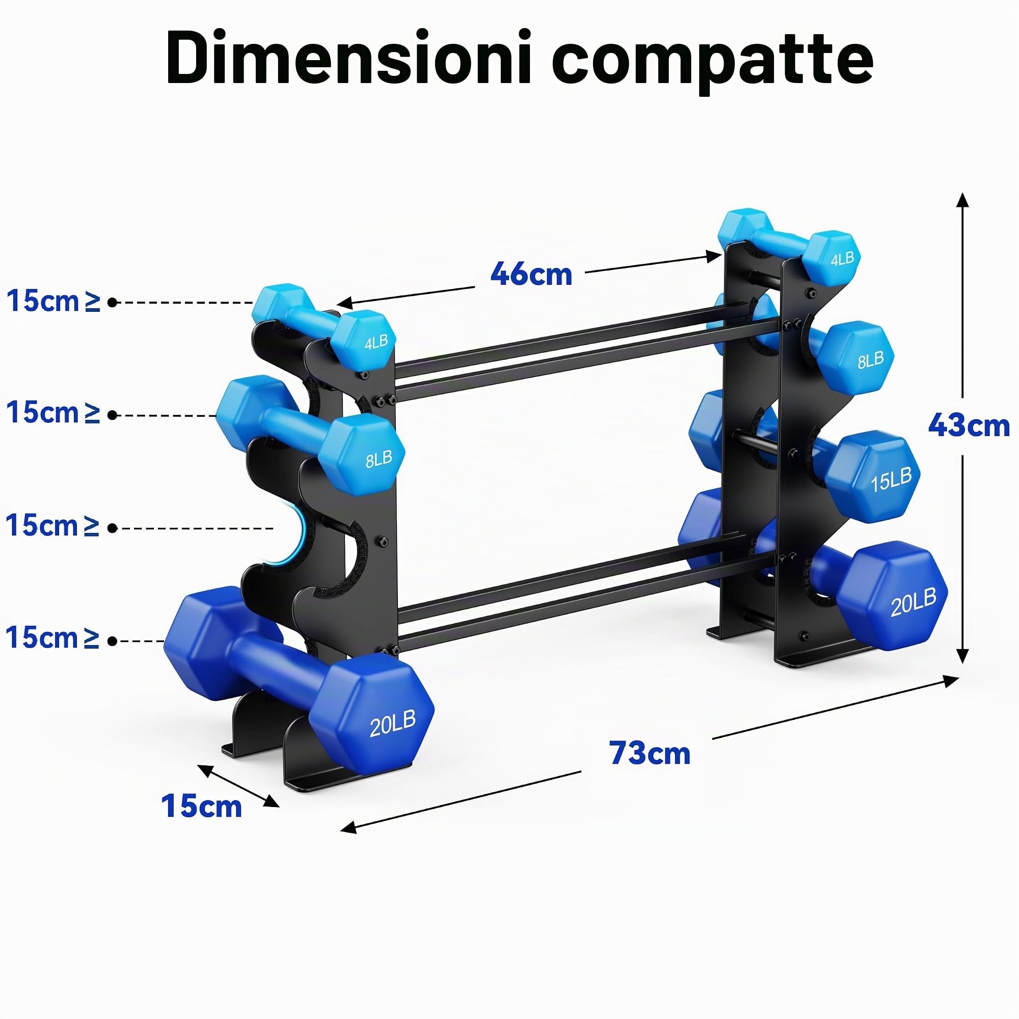 Supporto per manubri a 4 livelli per palestra domestica, compatto per manubri, pesi liberi, scaffale in acciaio resistente per manubri in neoprene e esagonali (gommini non inclusi)