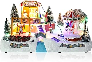Christmas Village House, Animated Popcorn Popper with Carousel Scene Lighted Musical Christmas Village Set with Colorful LED Light, Battery Operated Collectible Building for Indoor Holiday Table Decor