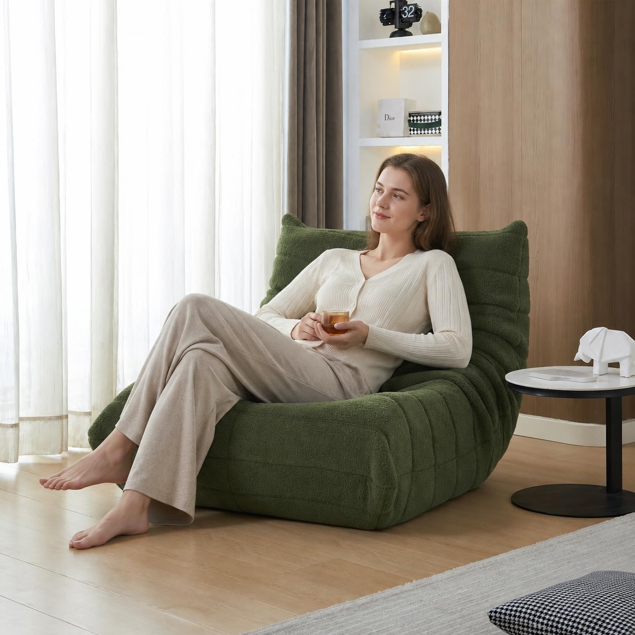 Pouf de sol, canapé Togo au design ergonomique, canapé relax avec revêtement en fausse fourrure et mémoire super moelleuse, pour chambre à coucher, salon (vert)