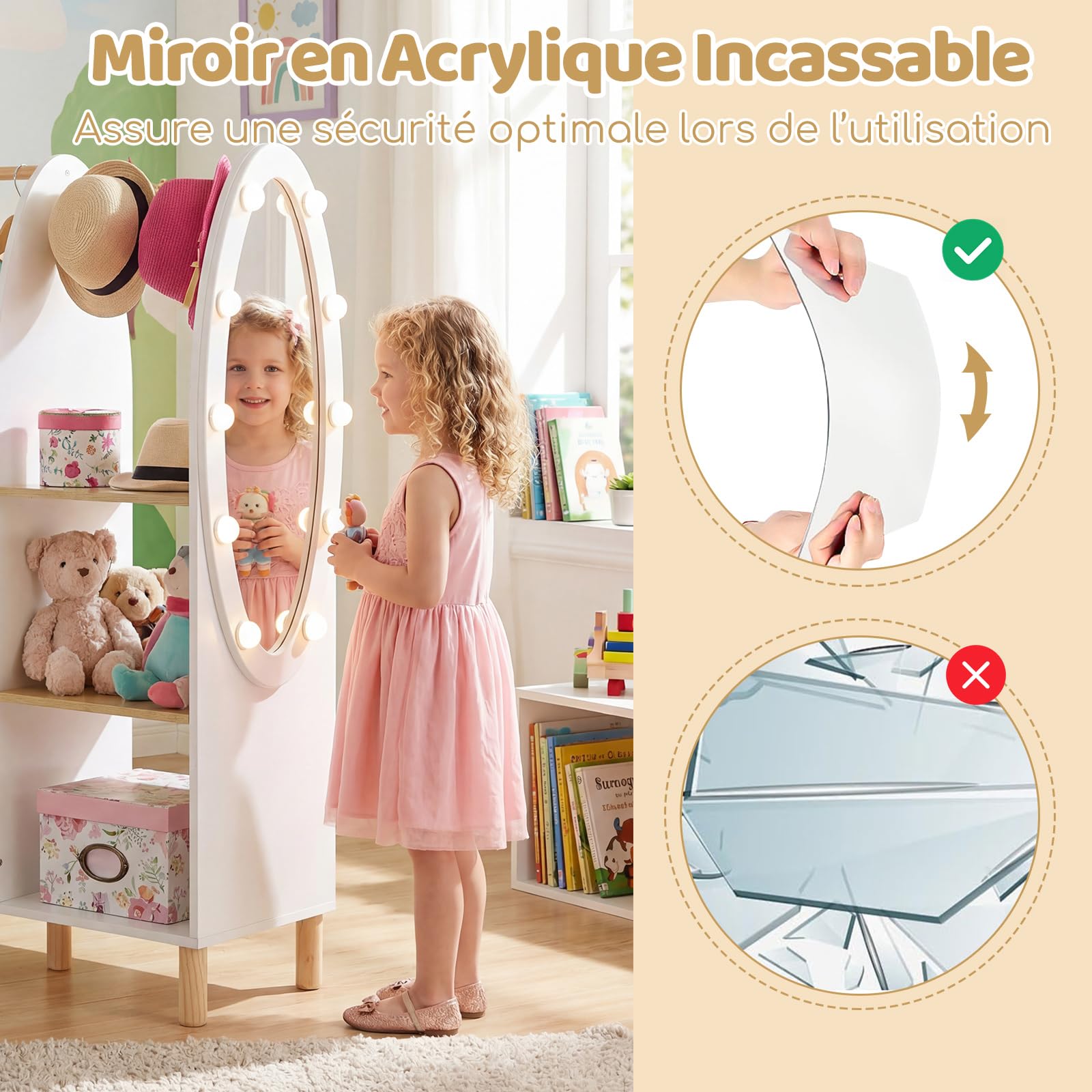 COSTWAY Penderie Enfant avec Miroir en Acrylique et 10 Ampoules LED, Portant à Vêtements Enfant en Bois Massif avec 3 Étagères et 3 Crochets et Tringle, Armoire Montessori, 91x28x110 cm