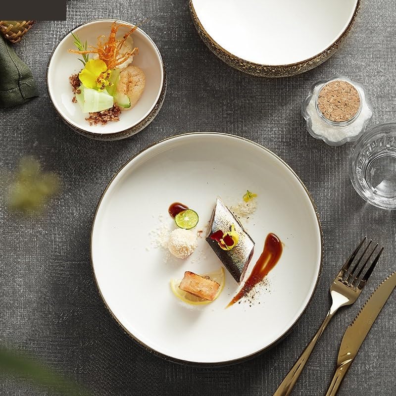 Forniture Per Feste Cena rotonda in ceramica Ciotola di riso Pasta Sashimi Piatto di sushi Ristorante retrò Bordo dorato Posate Zuppa Bacinella Noodle Ramen Insalate Ciotole Piatto Piatti Della Festa