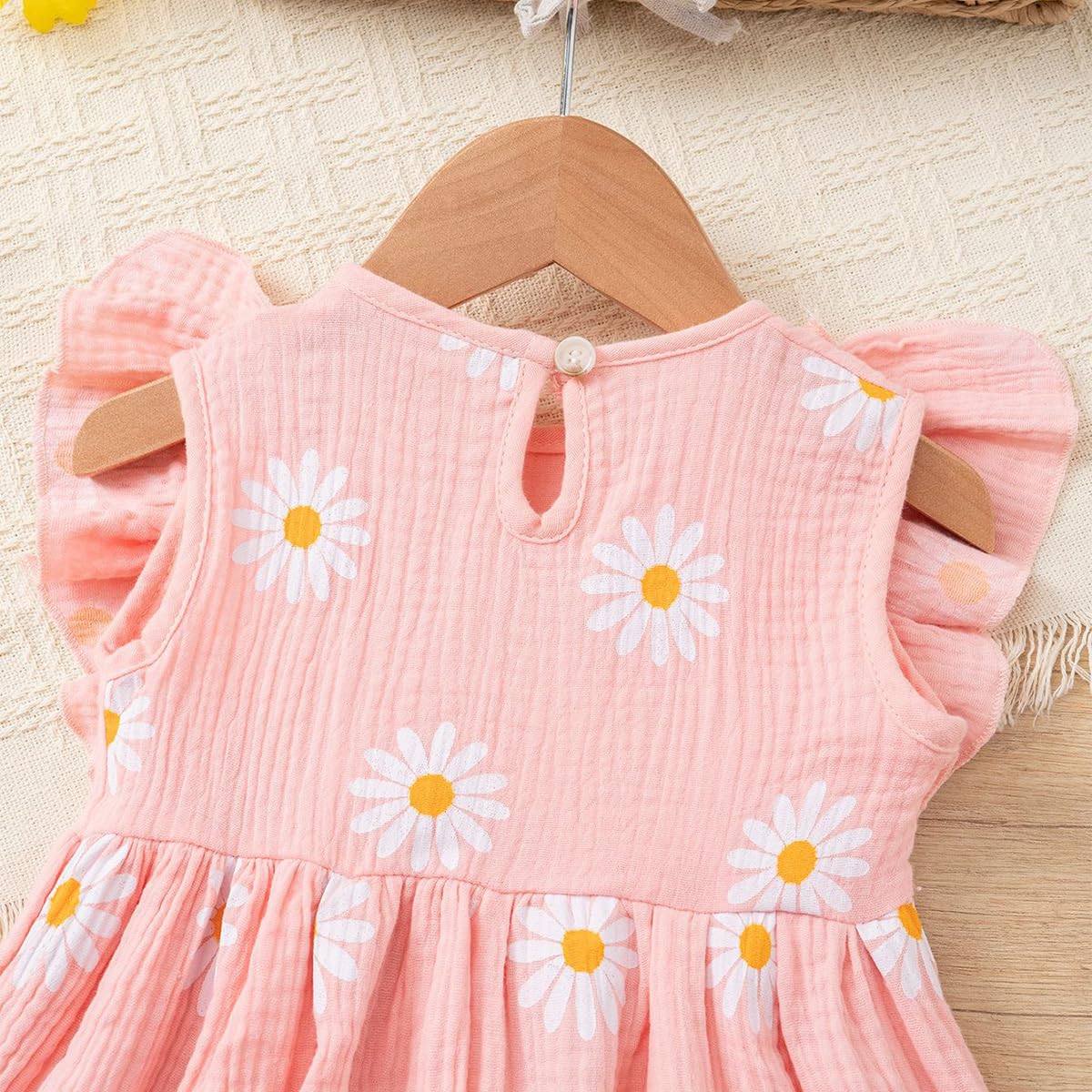 Robe d'Été Fille Casual Manches à Volants Unie/Imprimée Col Rond Boutonnée Robes Coupe Trapèze pour Enfants Fête d'anniversaire Tenue 2-6Y - 5