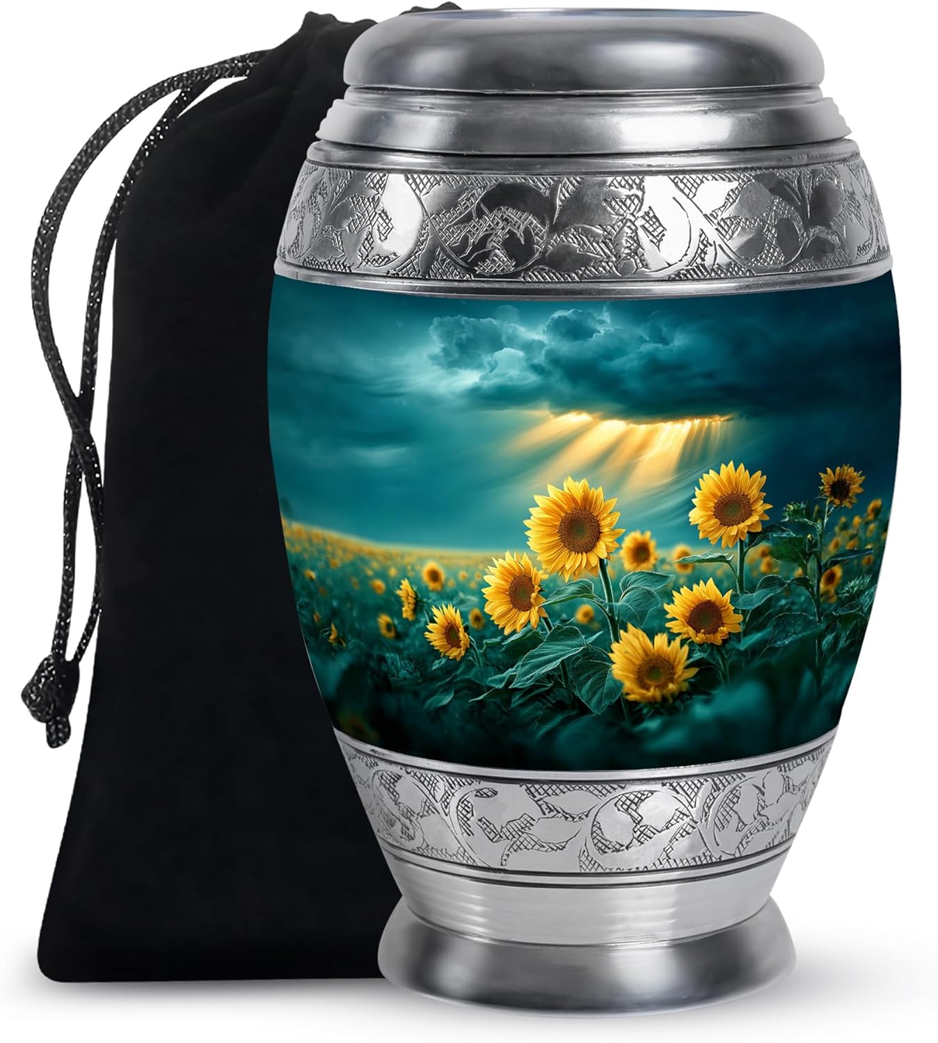 Sunflower Urn for Ashes for Women - Sunset Sunflower Urns for Human Ashes Adult Female - Blue Funeral Urns for Human Adult Man - Cremation Urn for Female Mom Large Size - 10 Inch Velvet Bag