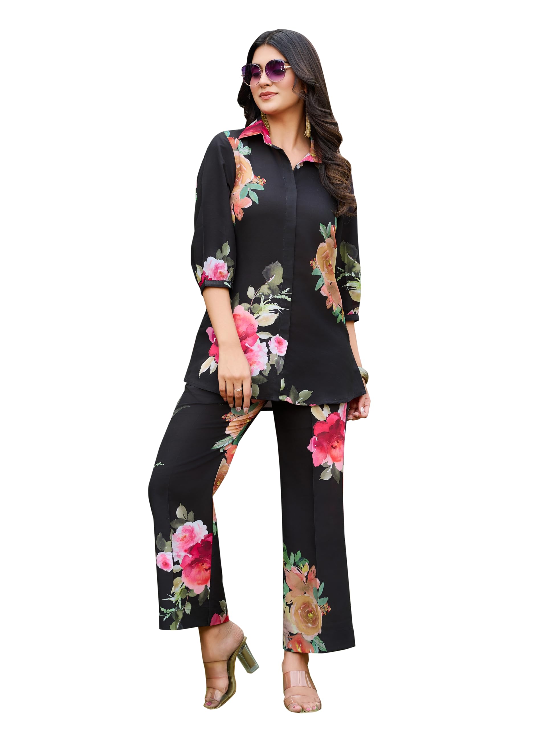 Women's Printed Silk Blend Black Shirt Trousers Co-Ords(VC_5015CO)-image-45