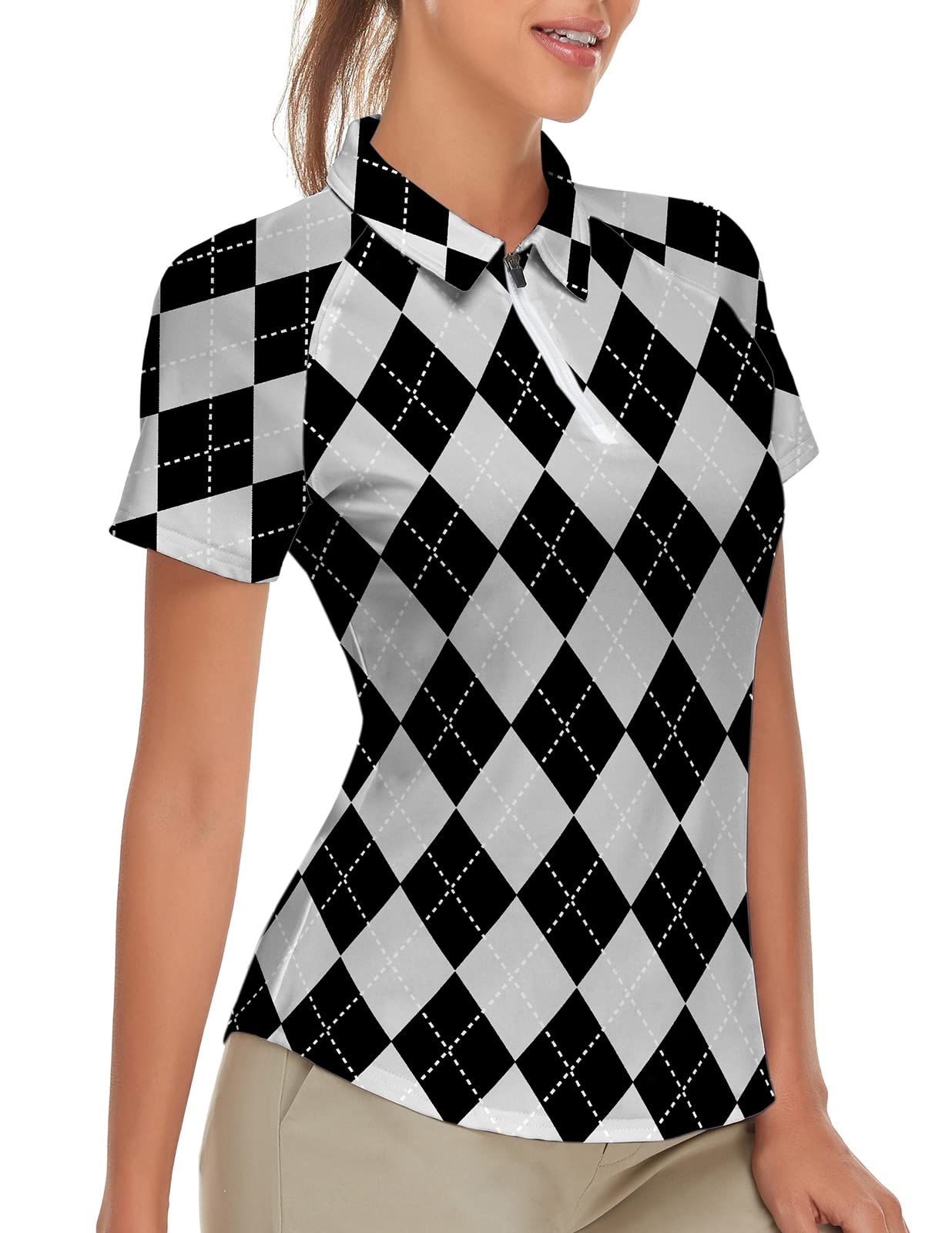 SonevenWomen's Golf Shirt Short Sleeve Tennis Shirt Quarter Zip Golf Pullover Golf Polo Shirts Argyle Tops