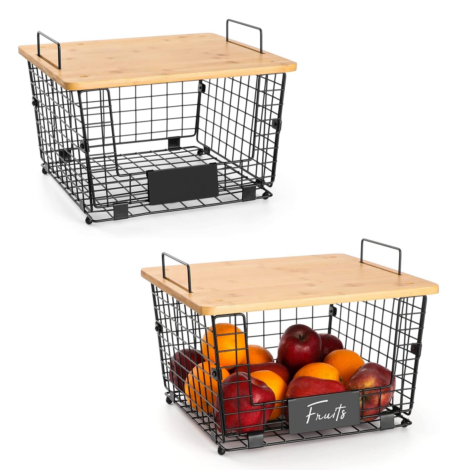 Fohome Kitchen Countertop Basket Set of 2, Pantry Organizers and Storage With Bamboo Lid, Vegetable and Fruit Storage Box, Stackable Onion Snack Wire Basket