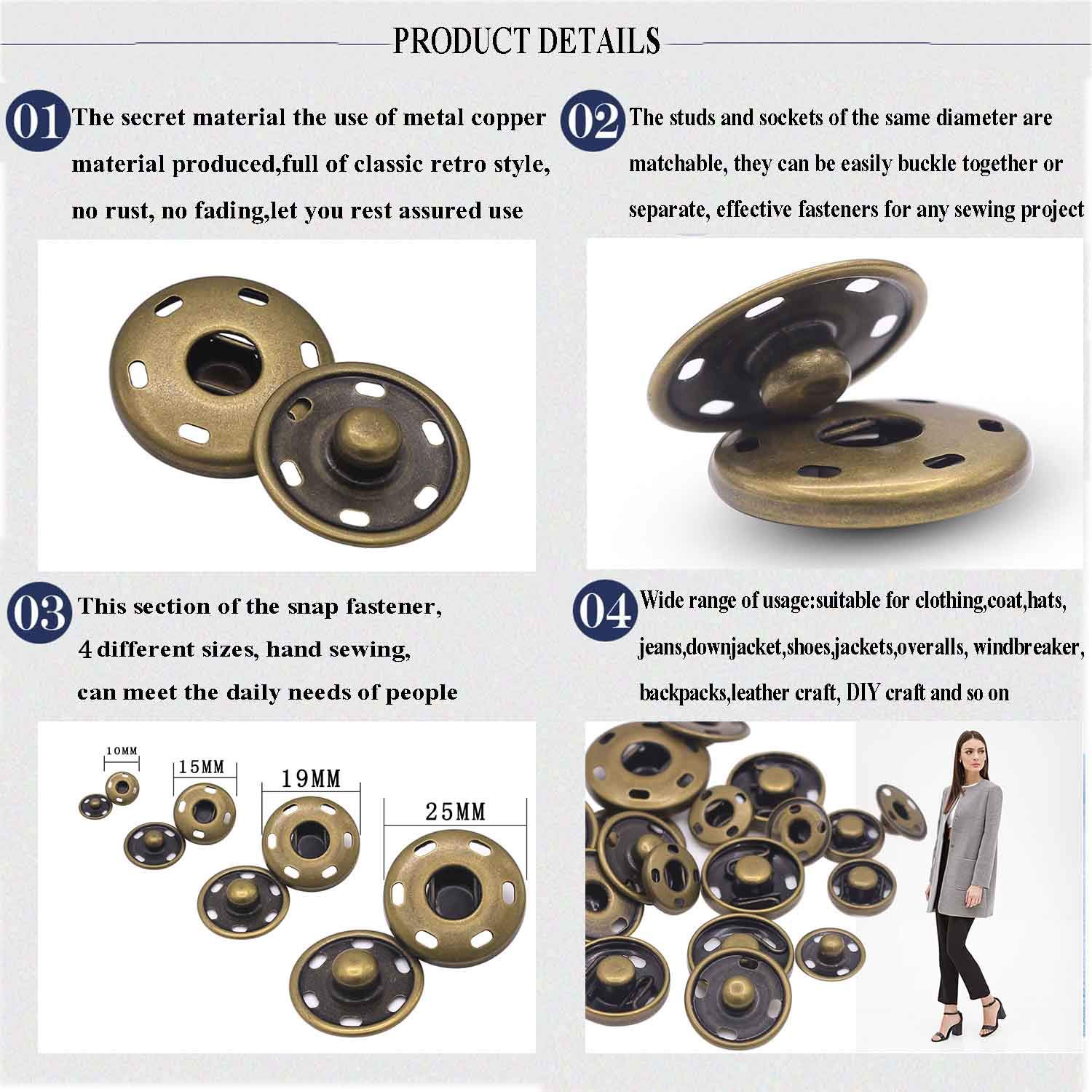 55 Sets Metall-Druckknöpfe zum Aufnähen, langlebige Druckknöpfe zum Nähen von Kleidung, 4 Größen bronze