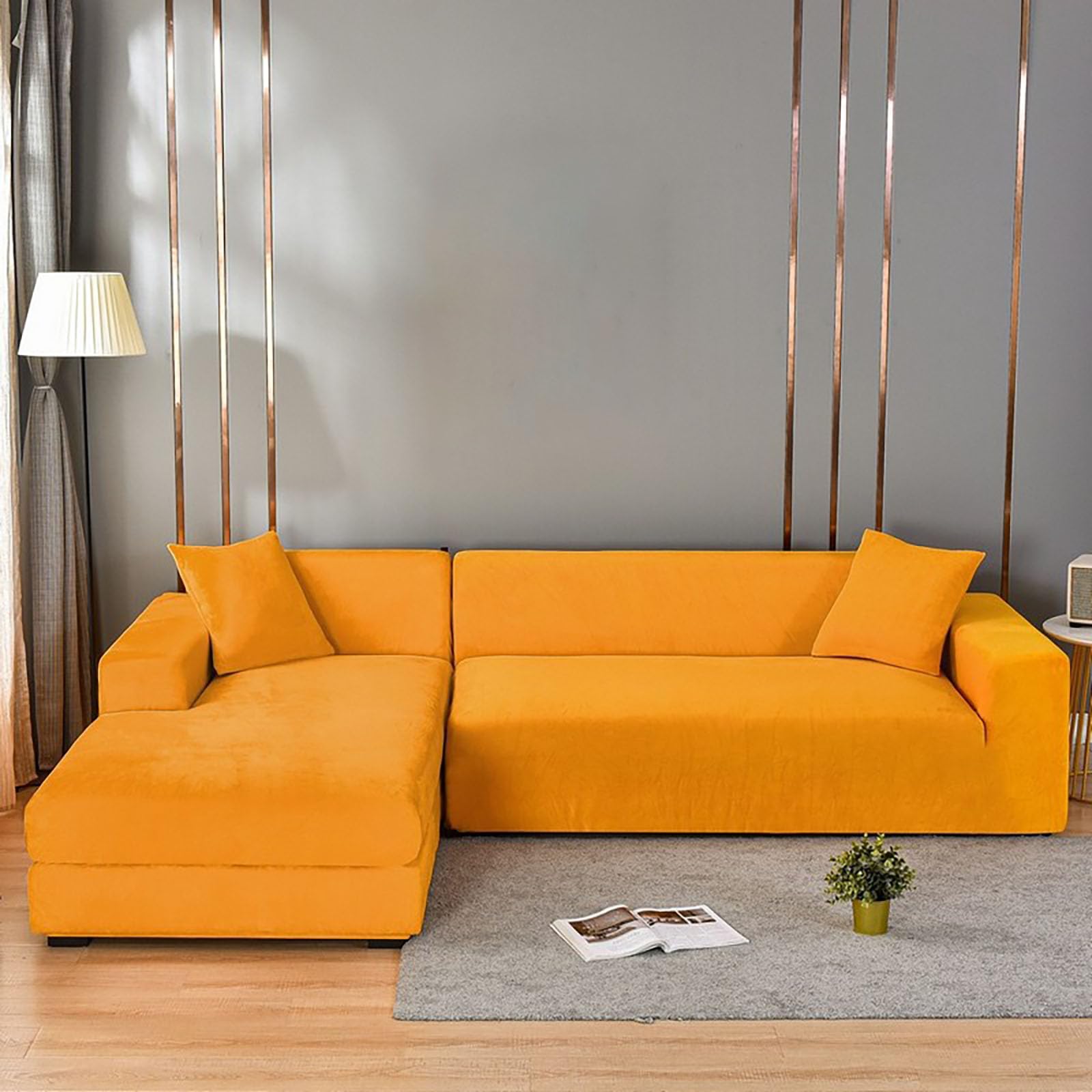 Elastyczny welurowy pluszowy pokrowiec na sofę 1-5-osobową w kształcie litery U i segmentowe sofy w kształcie litery L antypoślizgowy design vintage uniwersalne dopasowanie żółty 90-140 cm
