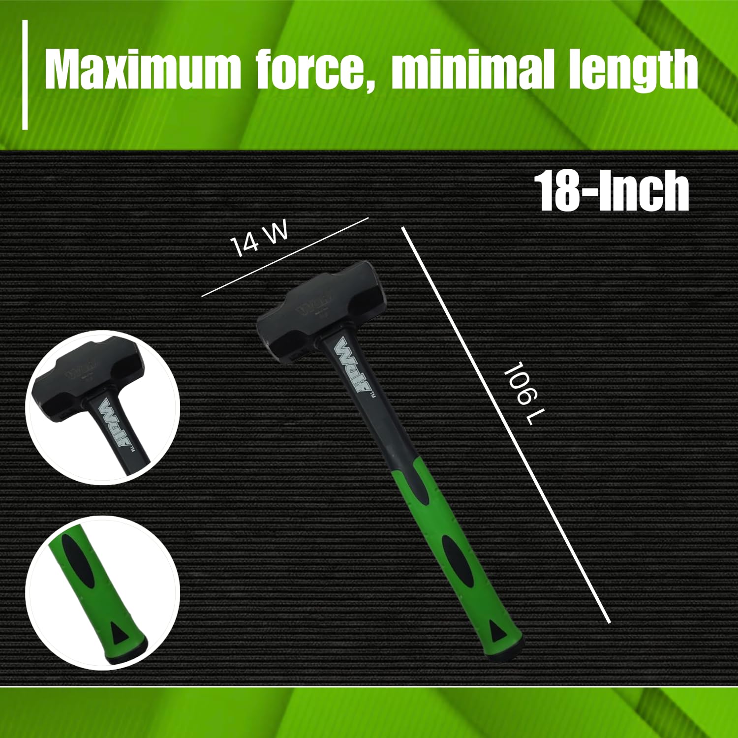 WULF 1400g (3LB) Heavy Duty Sledge Hammer | Forged Steel Head with Shockproof Fiberglass Handle | Anti-Slip Grip for Demolition, Construction & DIY (Black & Green) 1