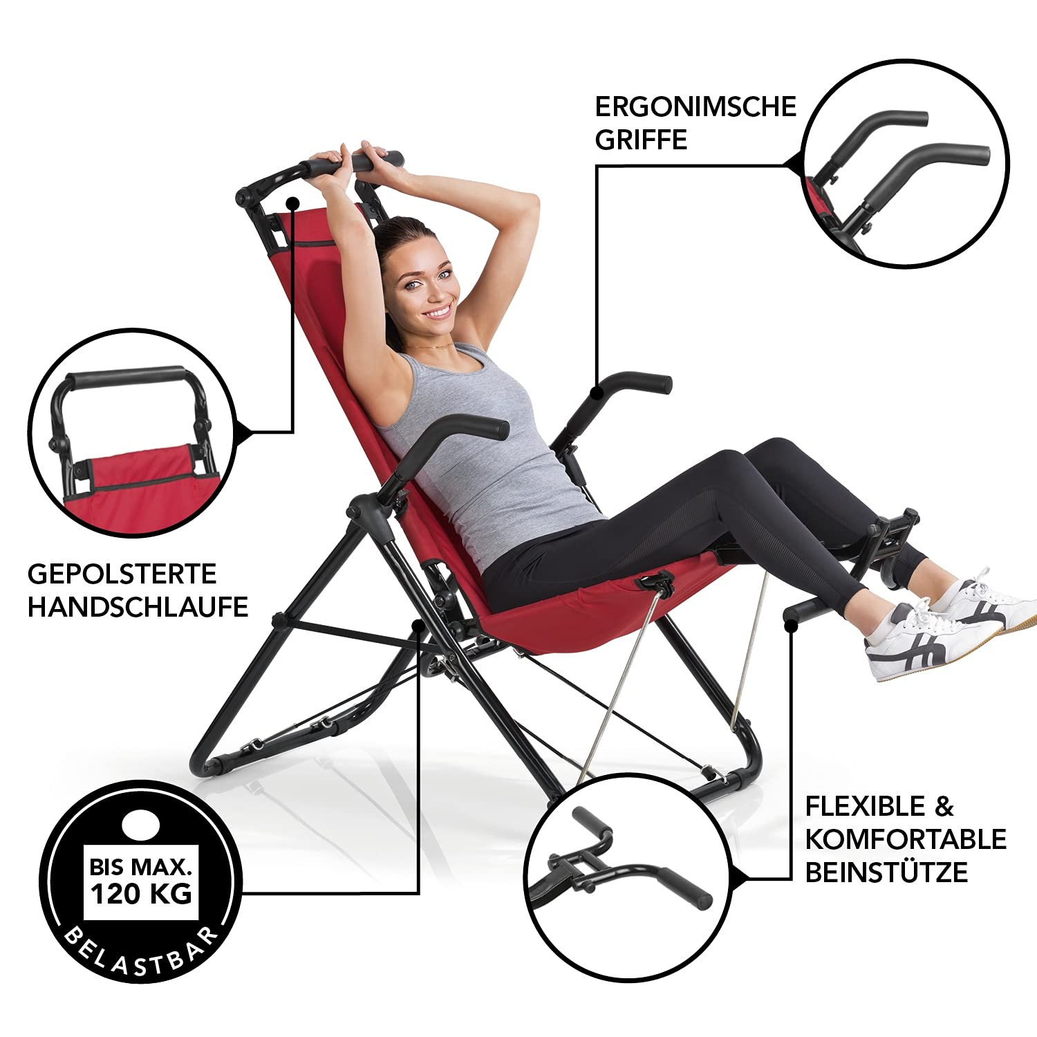 MAXXMEE Allenatore di inversione Deluxe | Per tutte le età, per tutti i livelli di fitness | per rafforzare i muscoli della schiena, addominali e gambe, portata fino a 120 kg, pieghevole [rosso/nero]