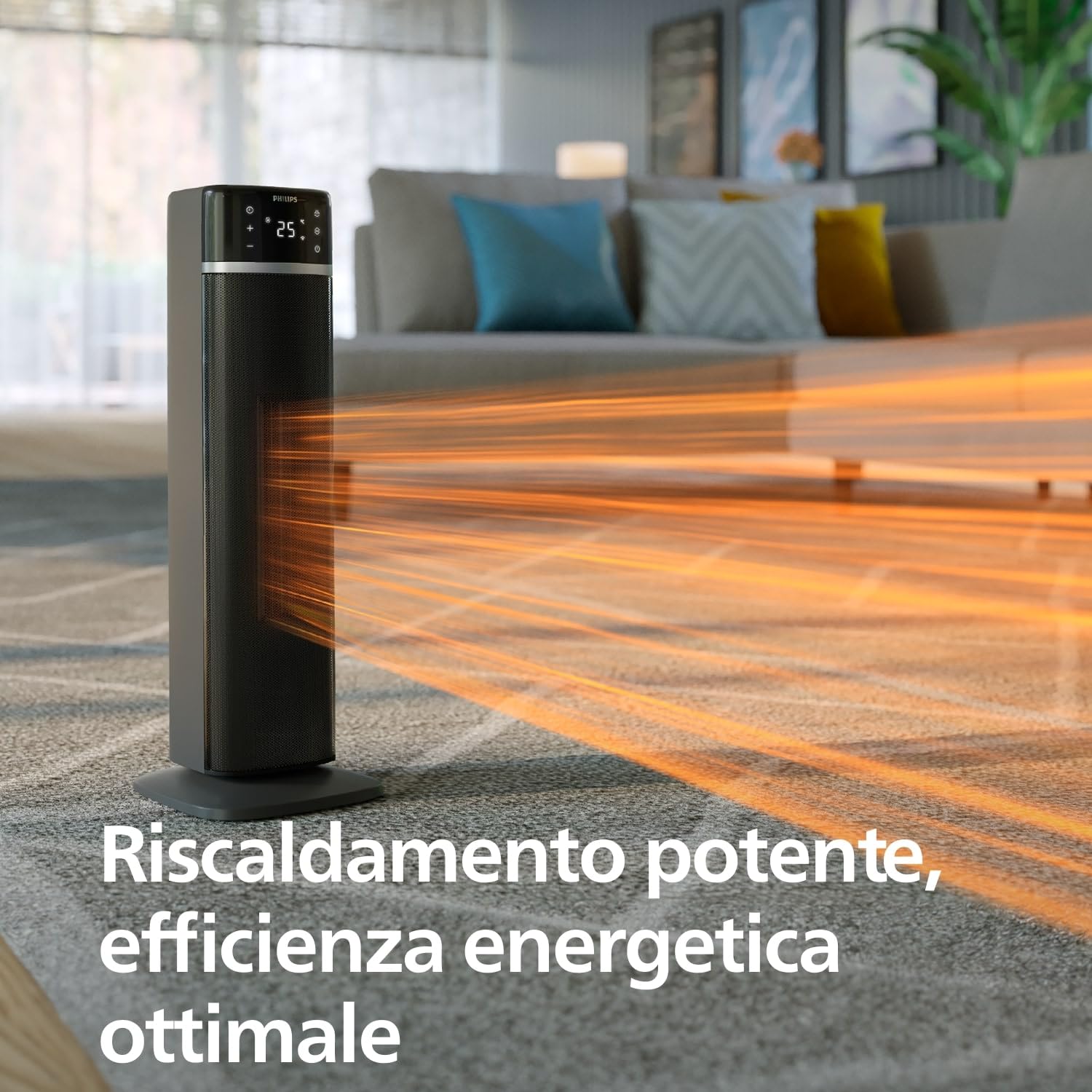 Termoventilatore a torre Philips Serie 5000-2000W, risparmio energetico 50%, display, 5 funzioni sicurezza, 4 modalità, oscillazione 60°, silenzioso, nero/grigio scuro (CX5120/11).