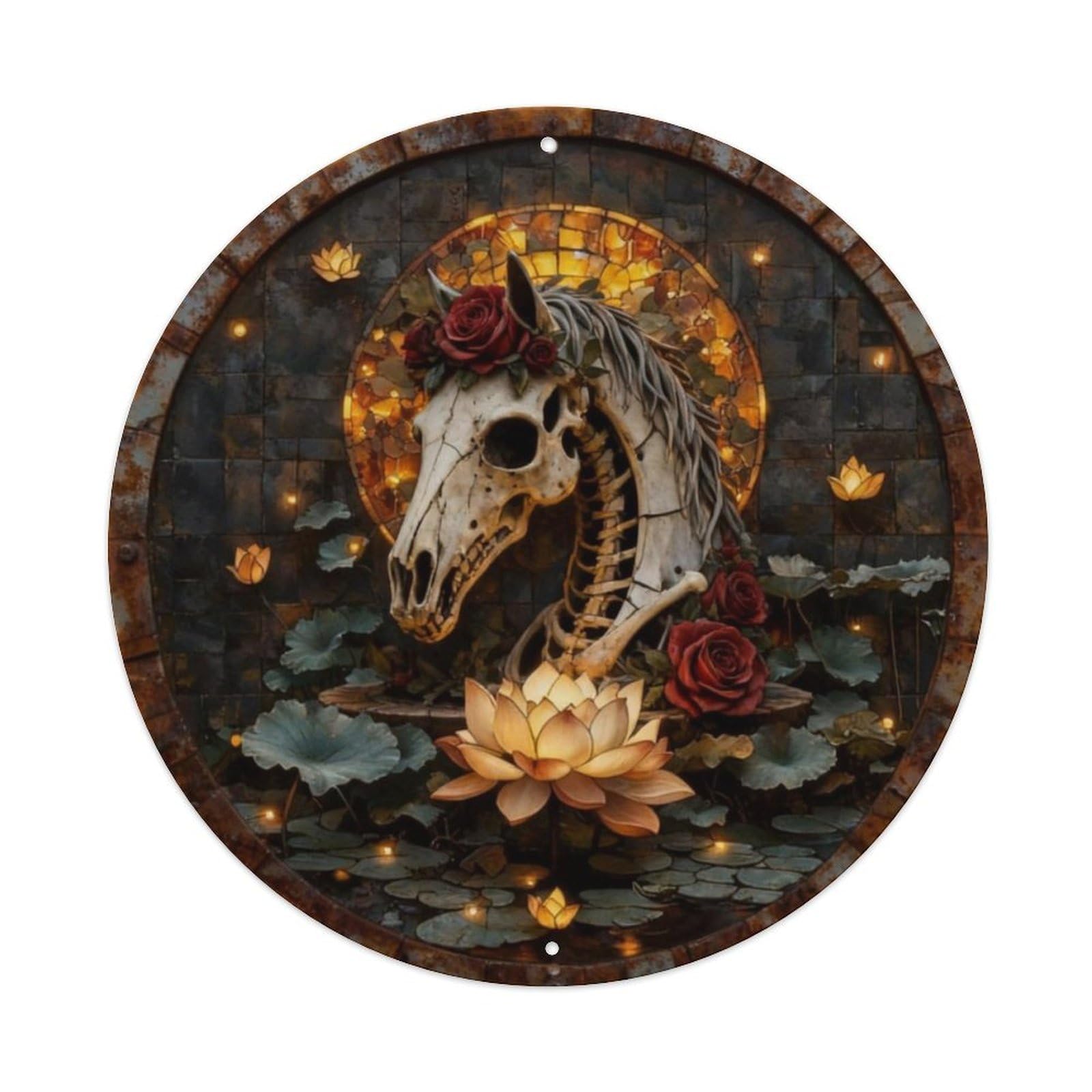 Gothic Horse Skull Rose Metal Tin Sign Plaque
