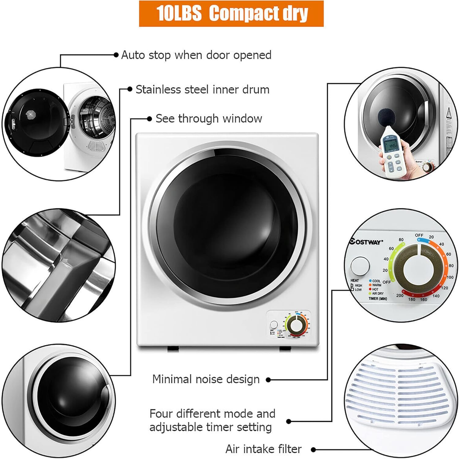 DORTALA Portable Electric Compact Laundry Dryer features diagram